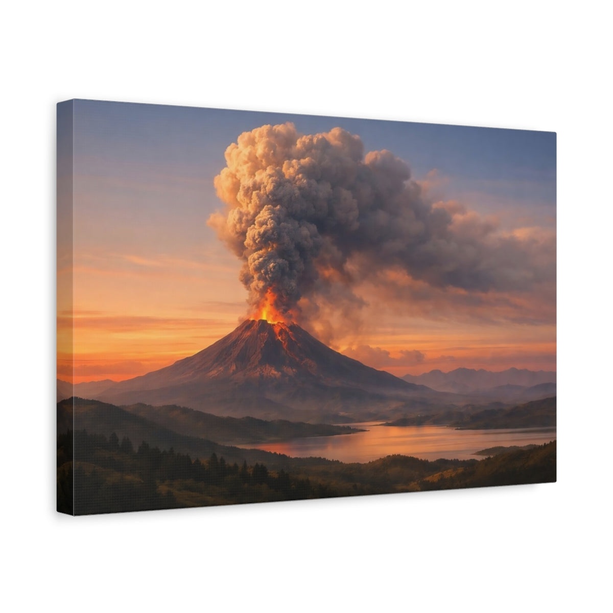 Side Mockup 4. Nature Volcano Eruption Volcano Sunset shown as stretched canvas wall art