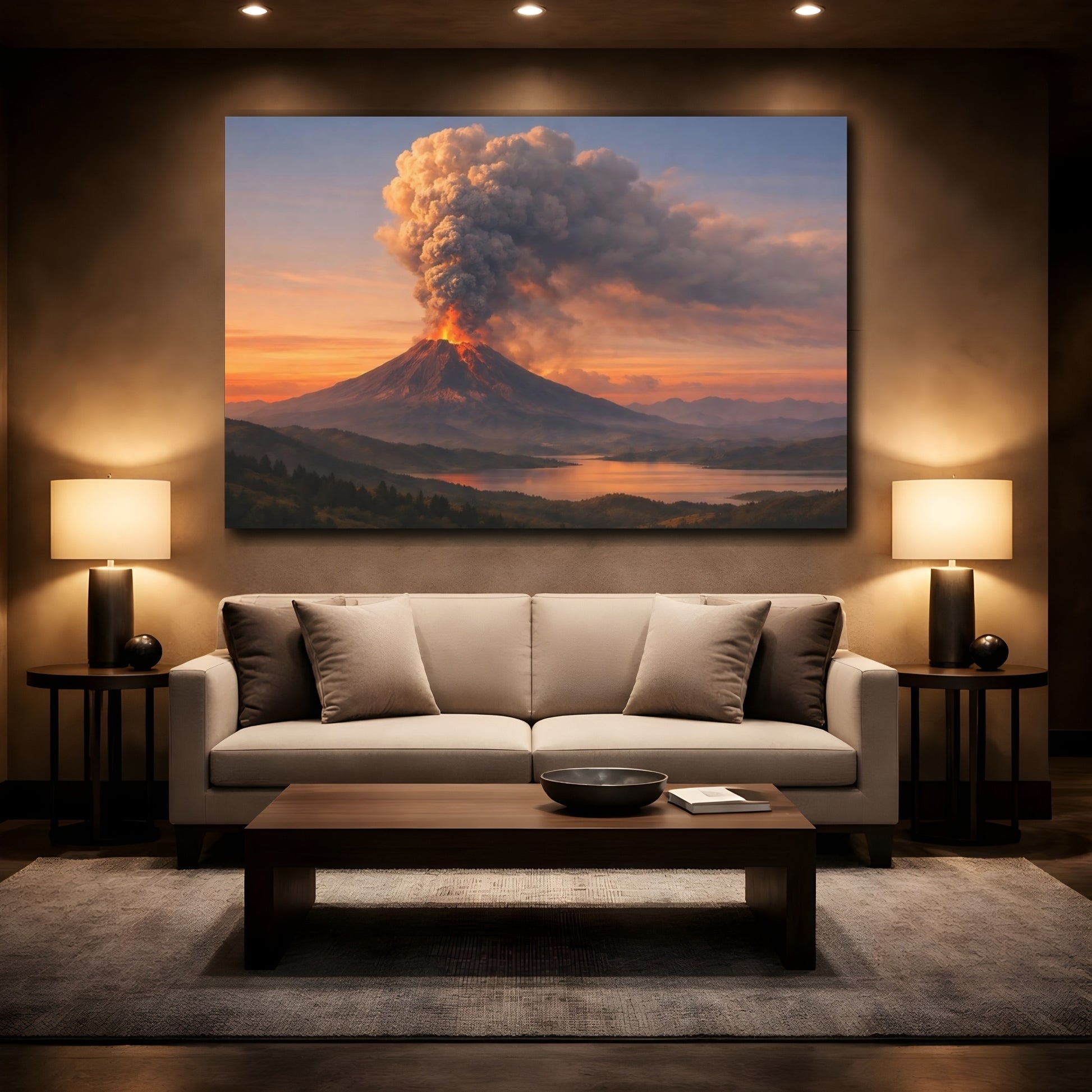 Mockup 2. Nature Volcano Eruption Volcano Sunset shown as stretched canvas wall art