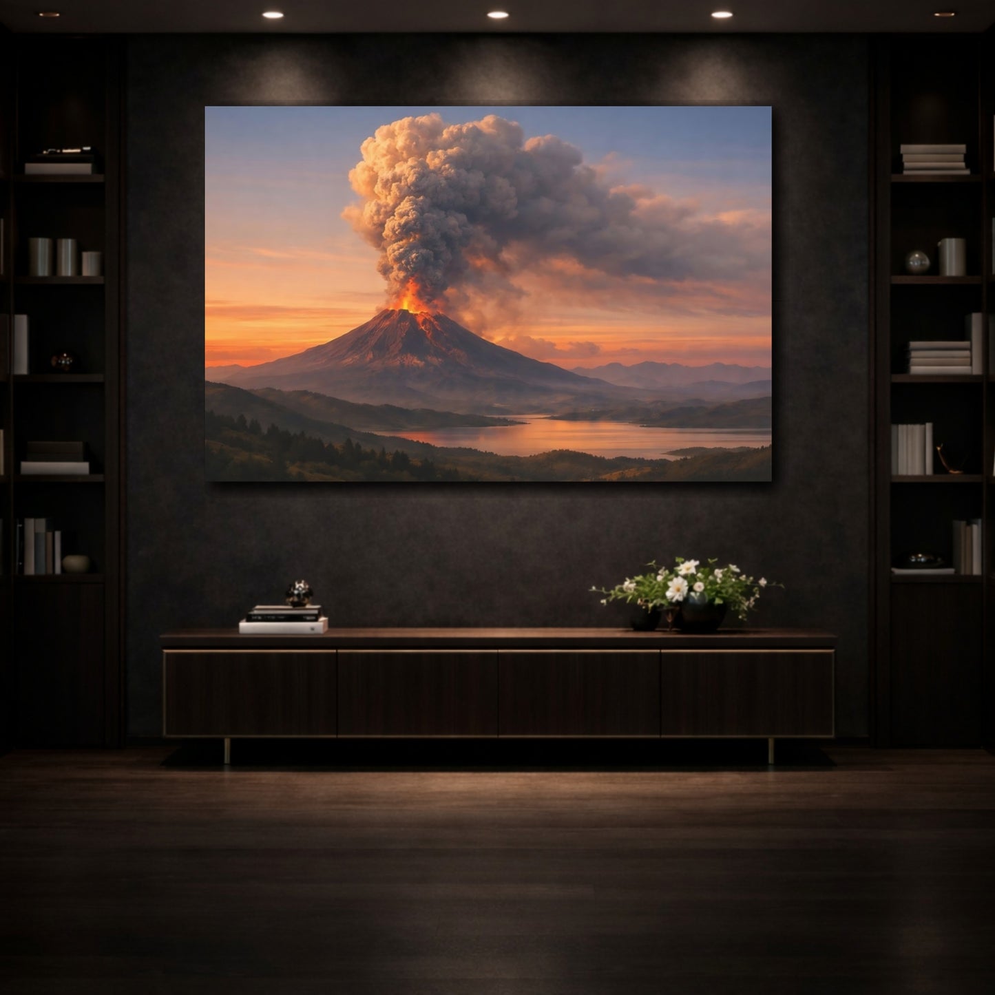 Mockup 3. Nature Volcano Eruption Volcano Sunset shown as stretched canvas wall art