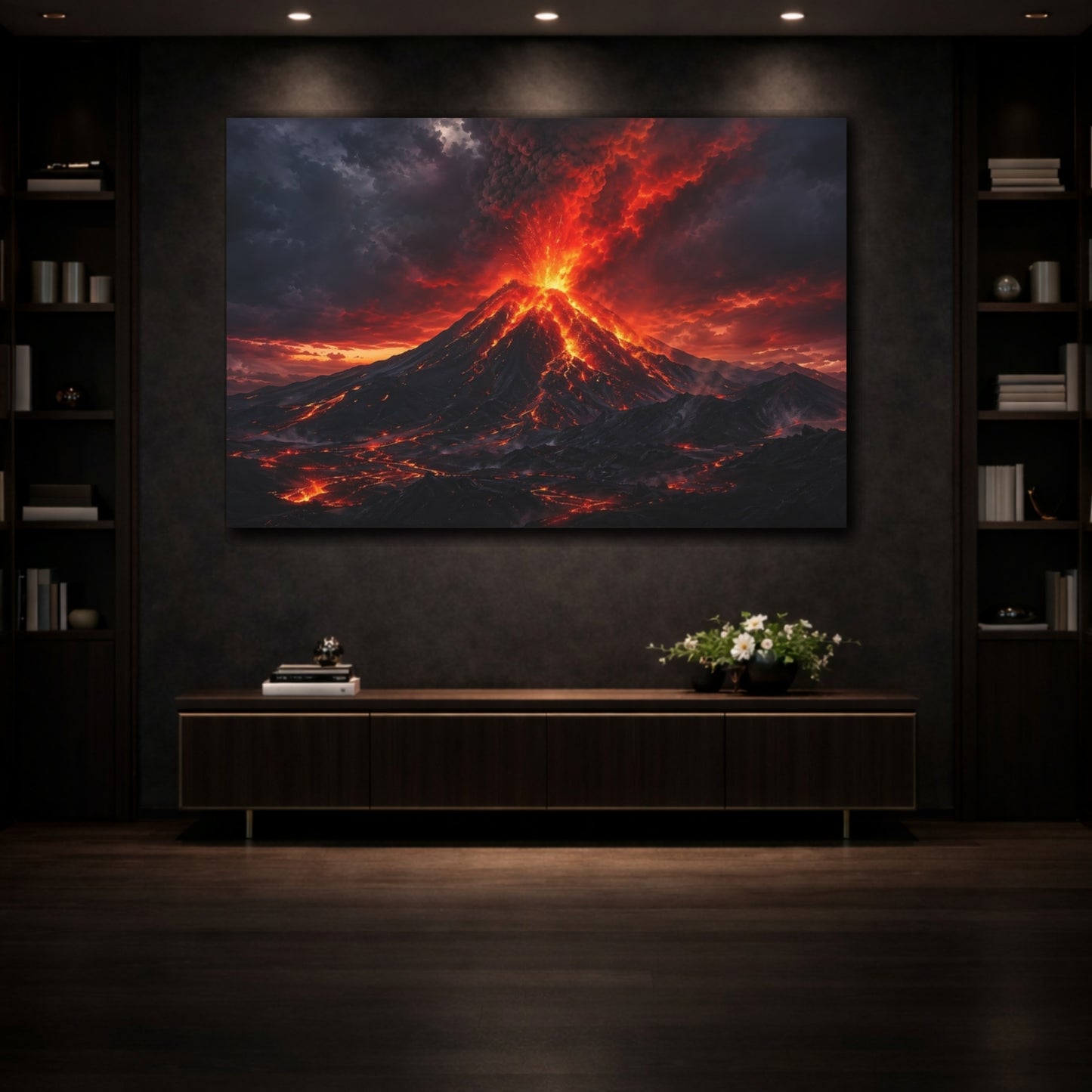 Mockup 3. Nature Volcano Red And Black shown as stretched canvas wall art