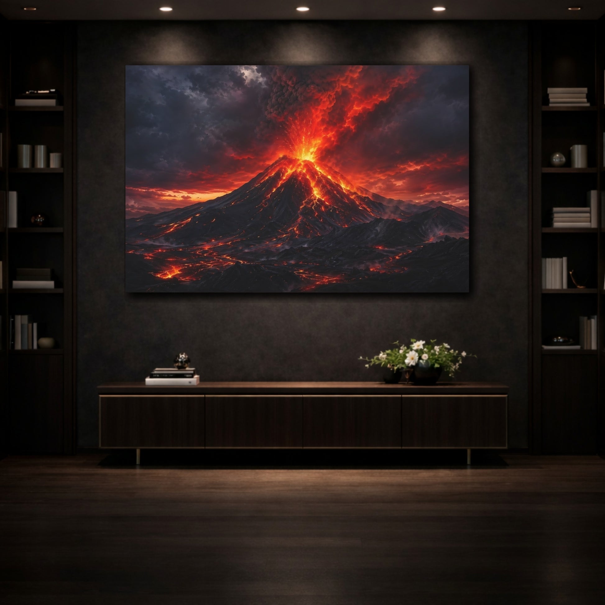 Mockup 3. Nature Volcano Red And Black shown as stretched canvas wall art