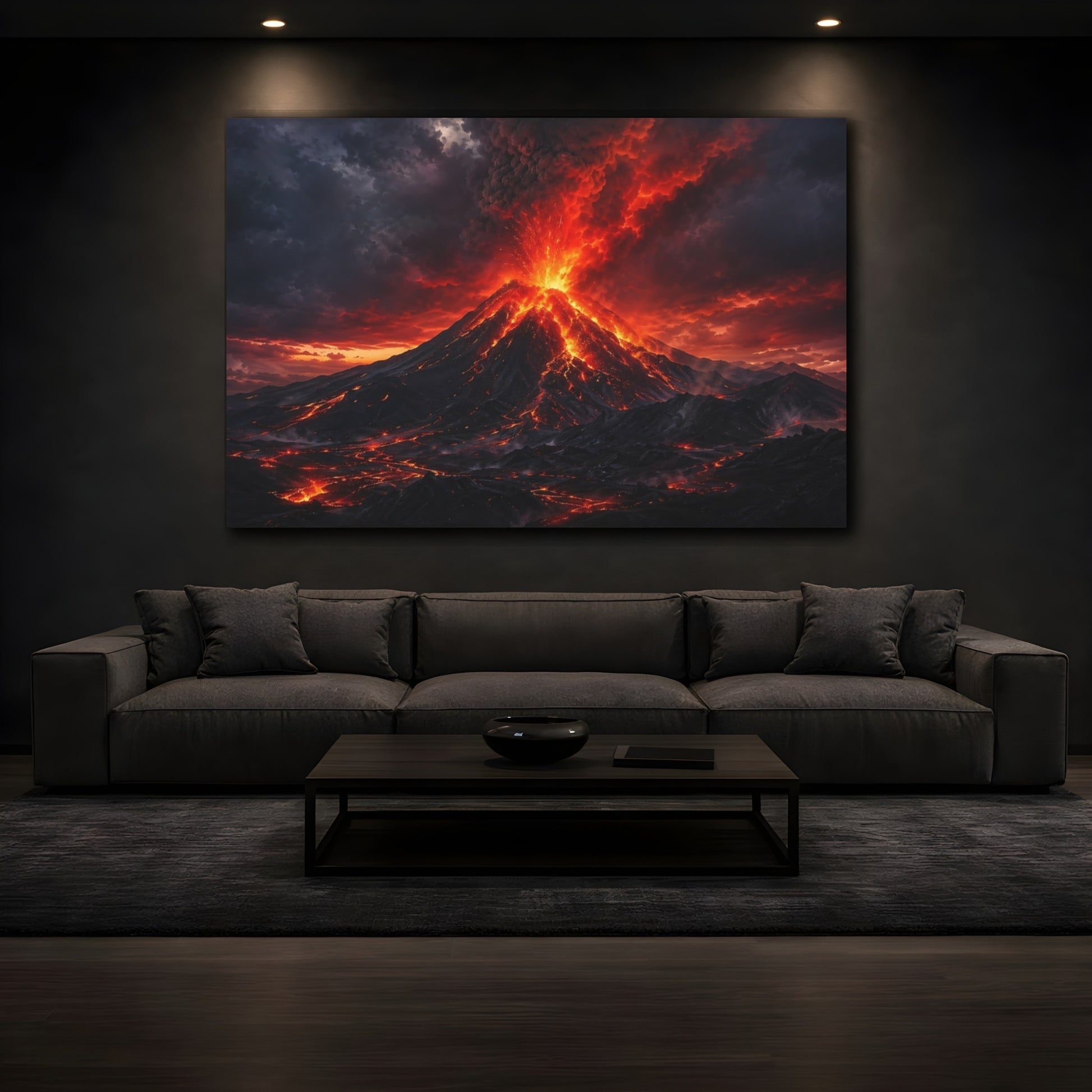 Mockup 4. Nature Volcano Red And Black shown as stretched canvas wall art