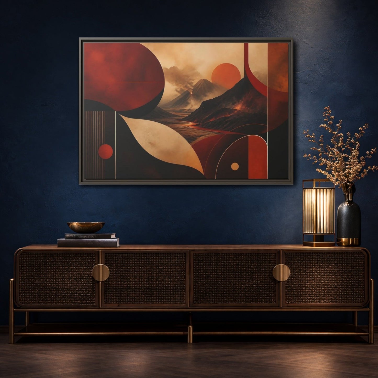 Nature Volcanoes Orange And Black Framed Canvas Print – Abstract Living Room, Above Sofa - YesArtYes