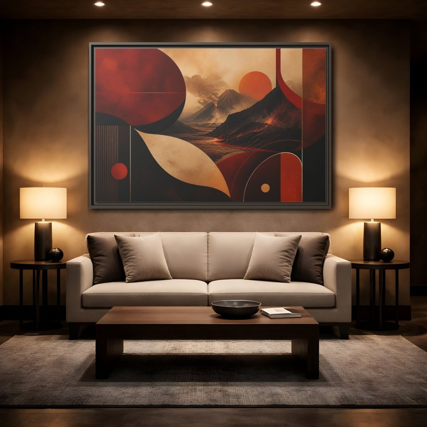 Nature Volcanoes Orange And Black Framed Canvas Print – Abstract Living Room, Above Sofa - YesArtYes