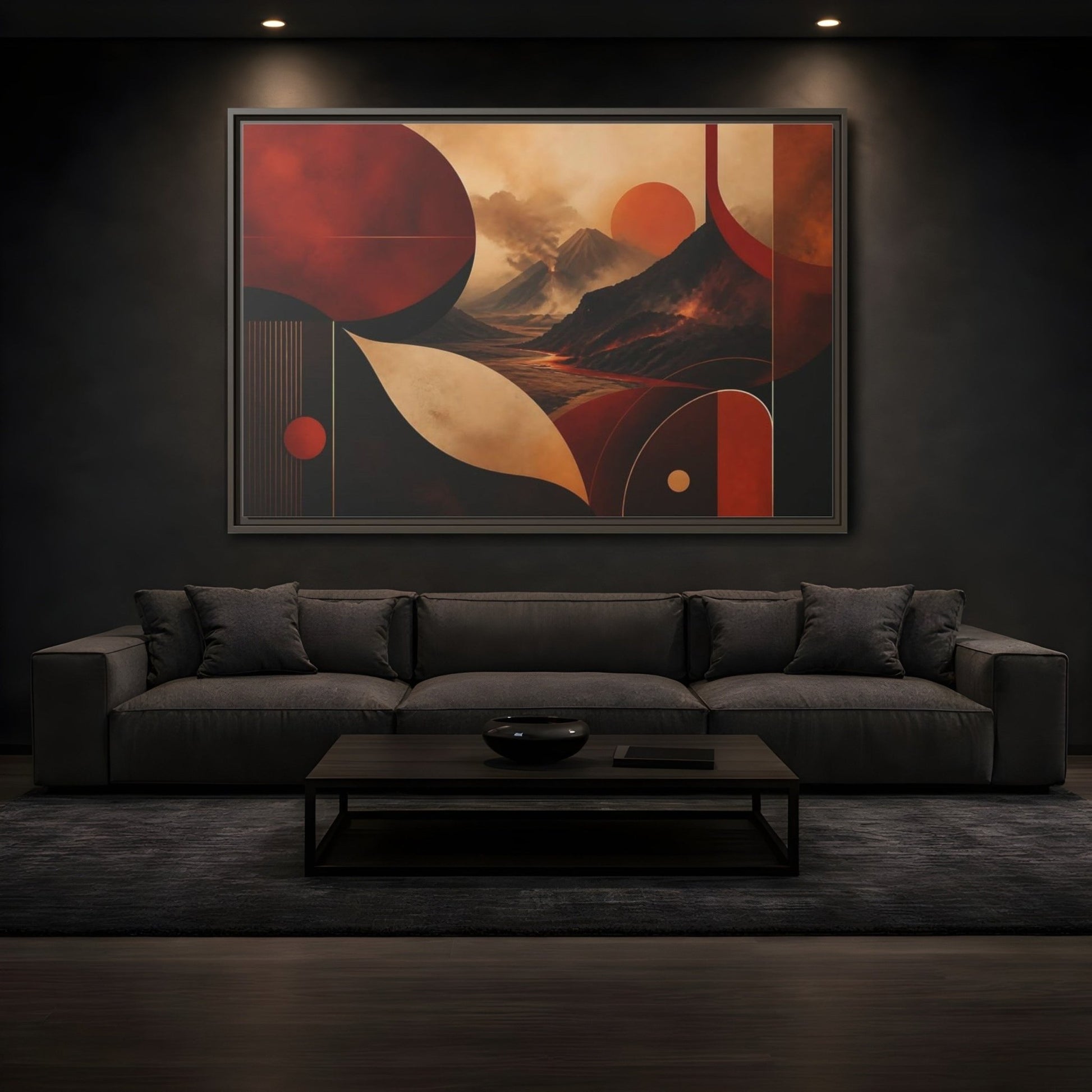 Nature Volcanoes Orange And Black Framed Canvas Print – Abstract Living Room, Above Sofa - YesArtYes