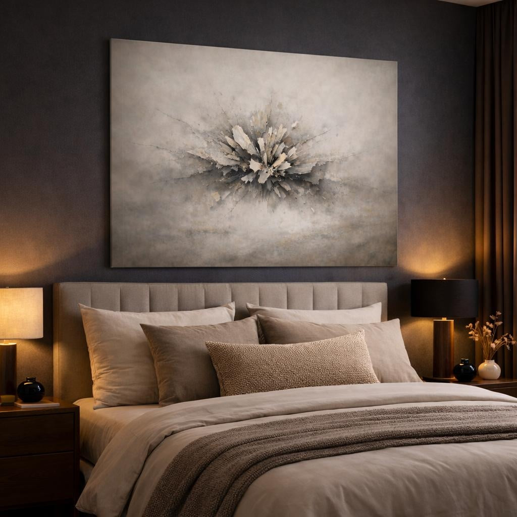 Nature Wabi Sabi Texture shown as canvas wall art in a luxury bedroom