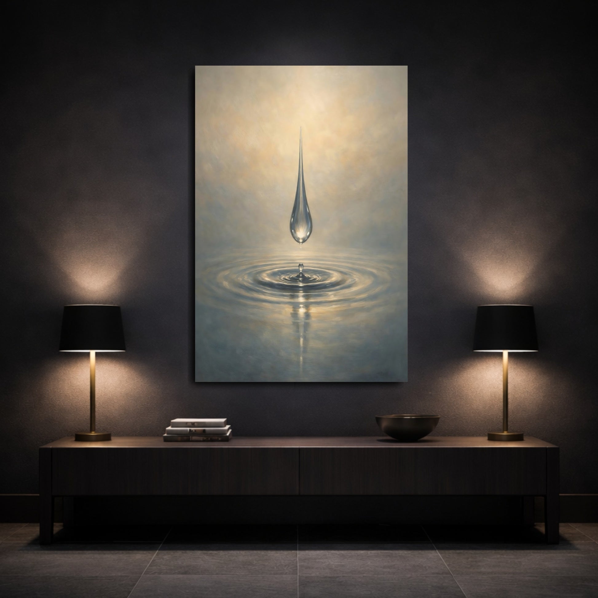 Mockup 2. Nature Water Drop Blue And Gold shown as stretched canvas wall art