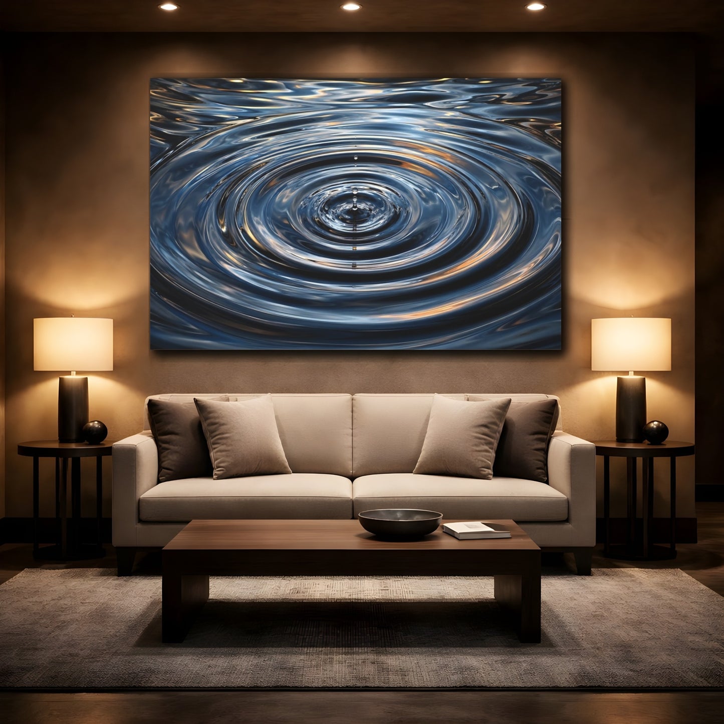 Mockup 2. Nature Water Drop Blue And Gold shown as stretched canvas wall art
