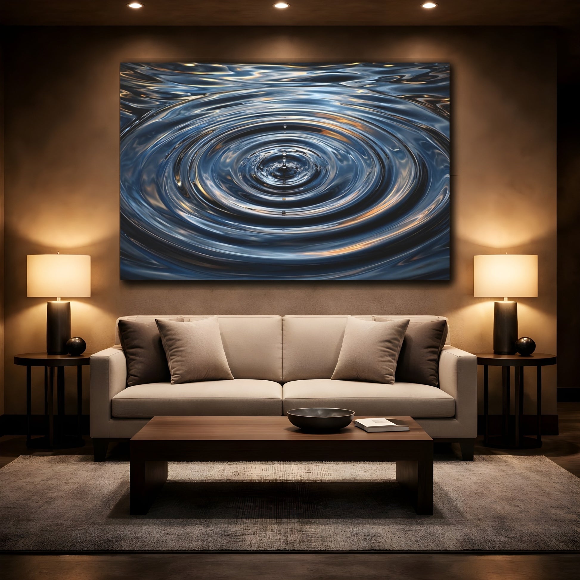 Mockup 2. Nature Water Drop Blue And Gold shown as stretched canvas wall art