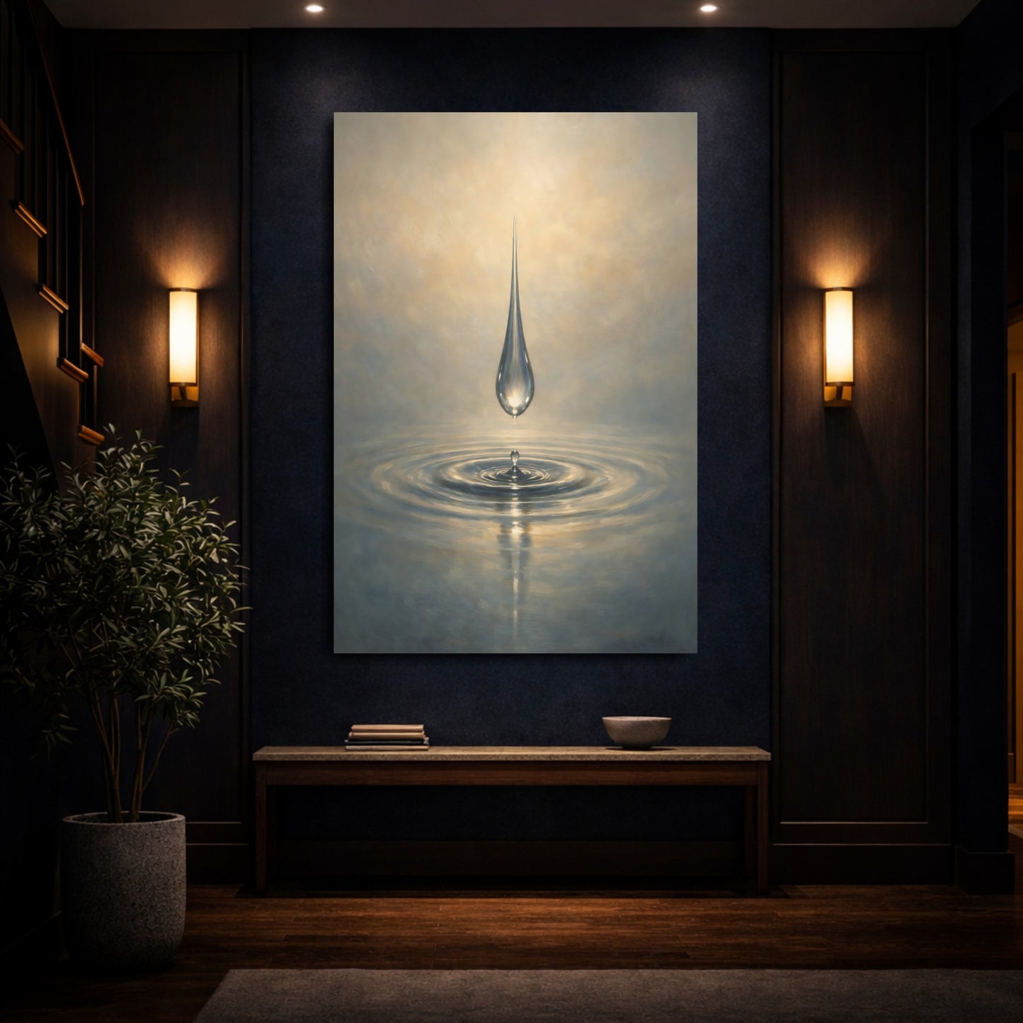 Mockup 3. Nature Water Drop Blue And Gold shown as stretched canvas wall art