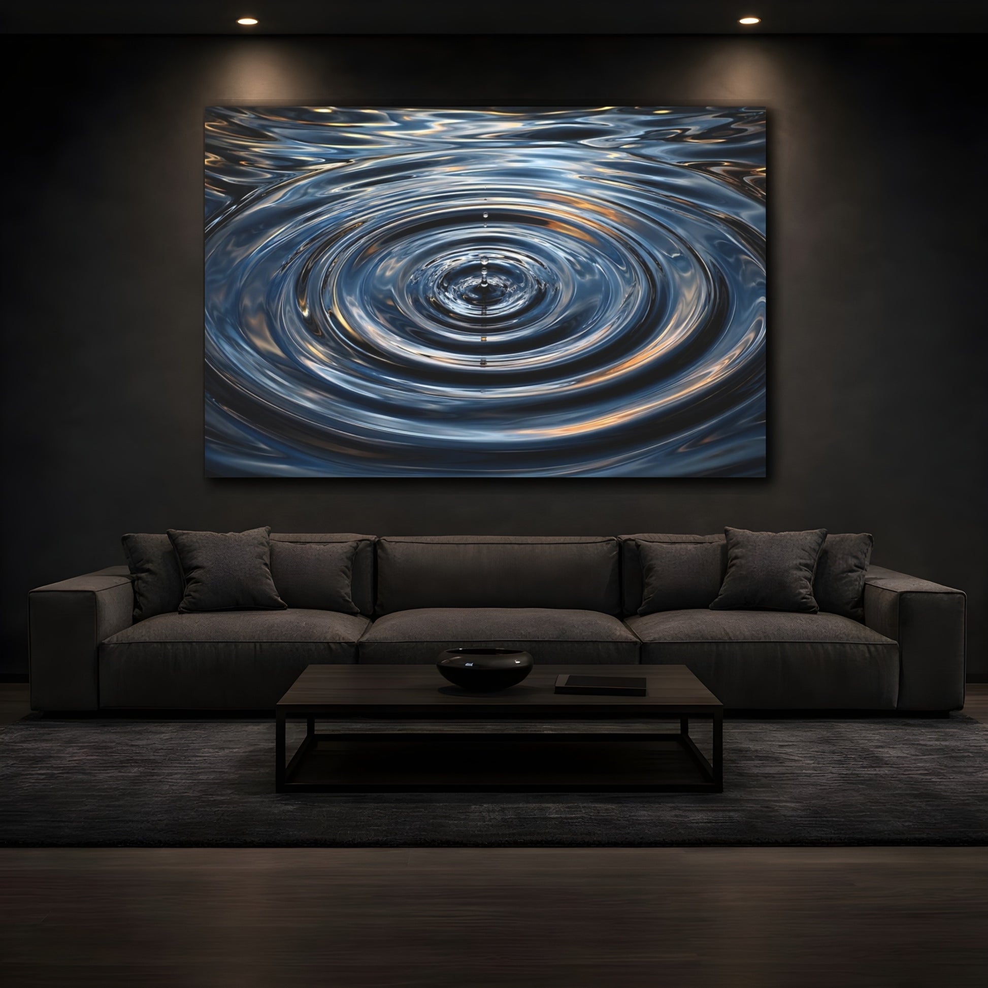 Mockup 3. Nature Water Drop Blue And Gold shown as stretched canvas wall art