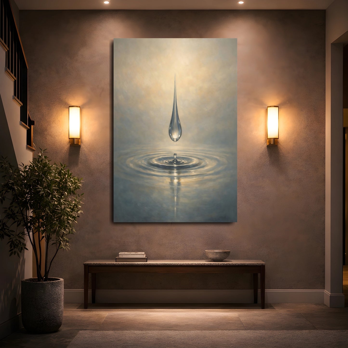 Mockup 4. Nature Water Drop Blue And Gold shown as stretched canvas wall art