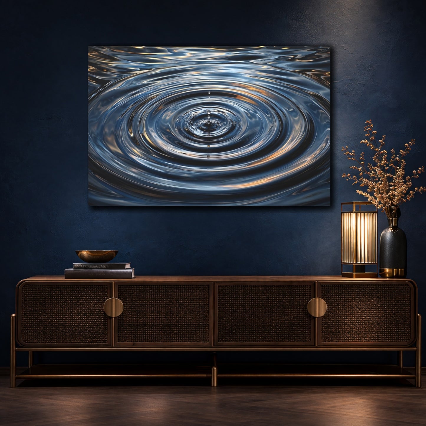 Mockup 4. Nature Water Drop Blue And Gold shown as stretched canvas wall art