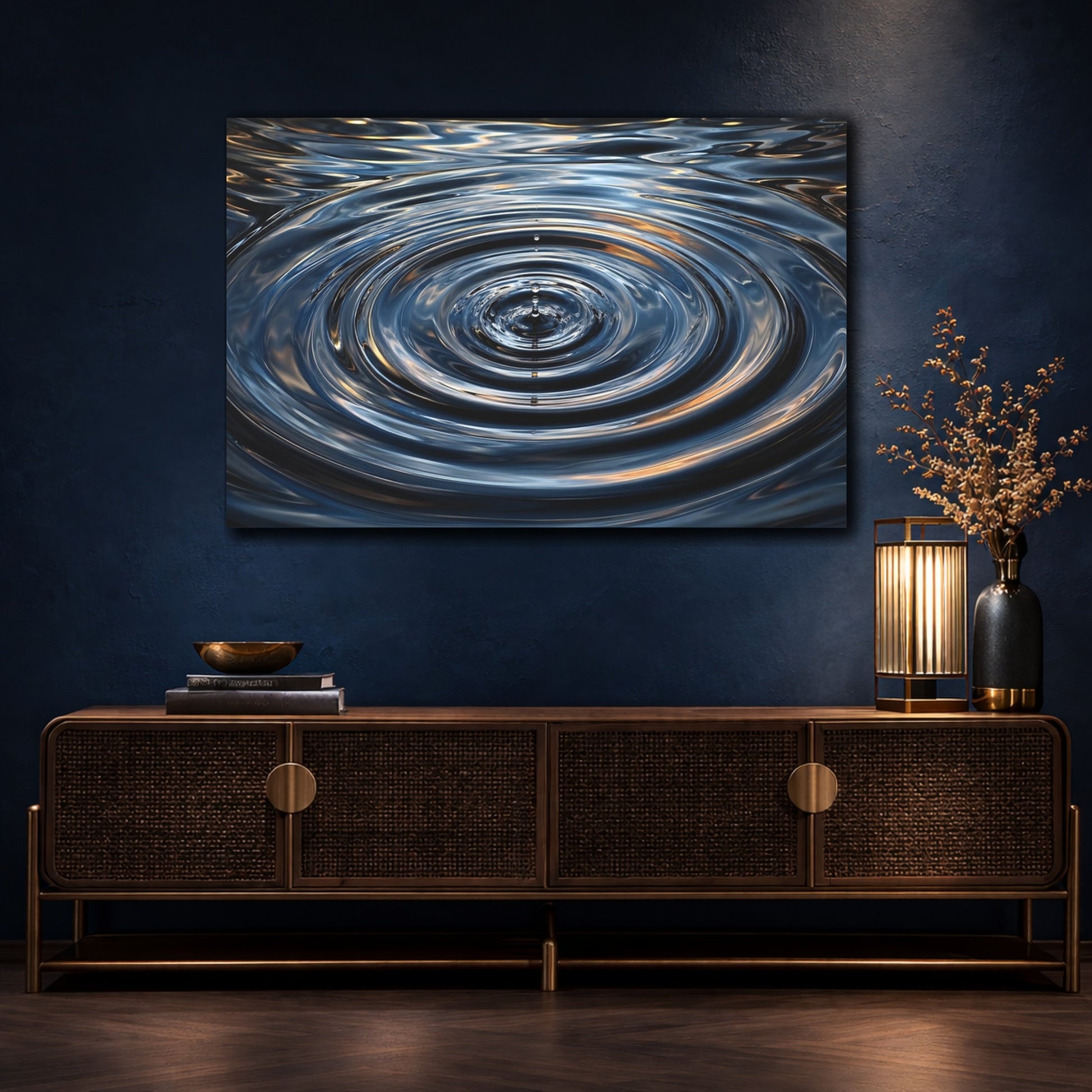 Mockup 4. Nature Water Drop Blue And Gold shown as stretched canvas wall art