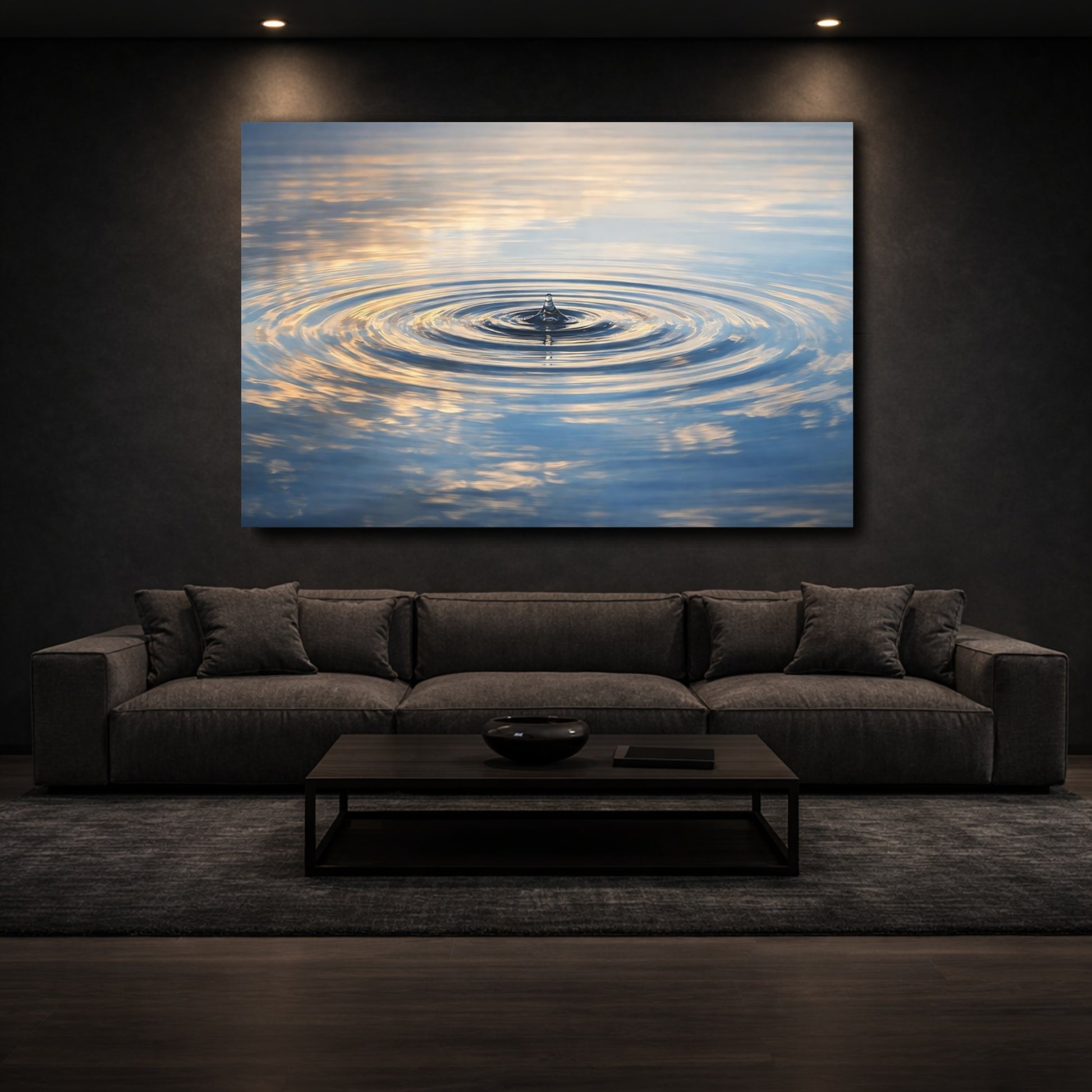 Mockup 2. Nature Water Drop Blue And Gold Water shown as stretched canvas wall art