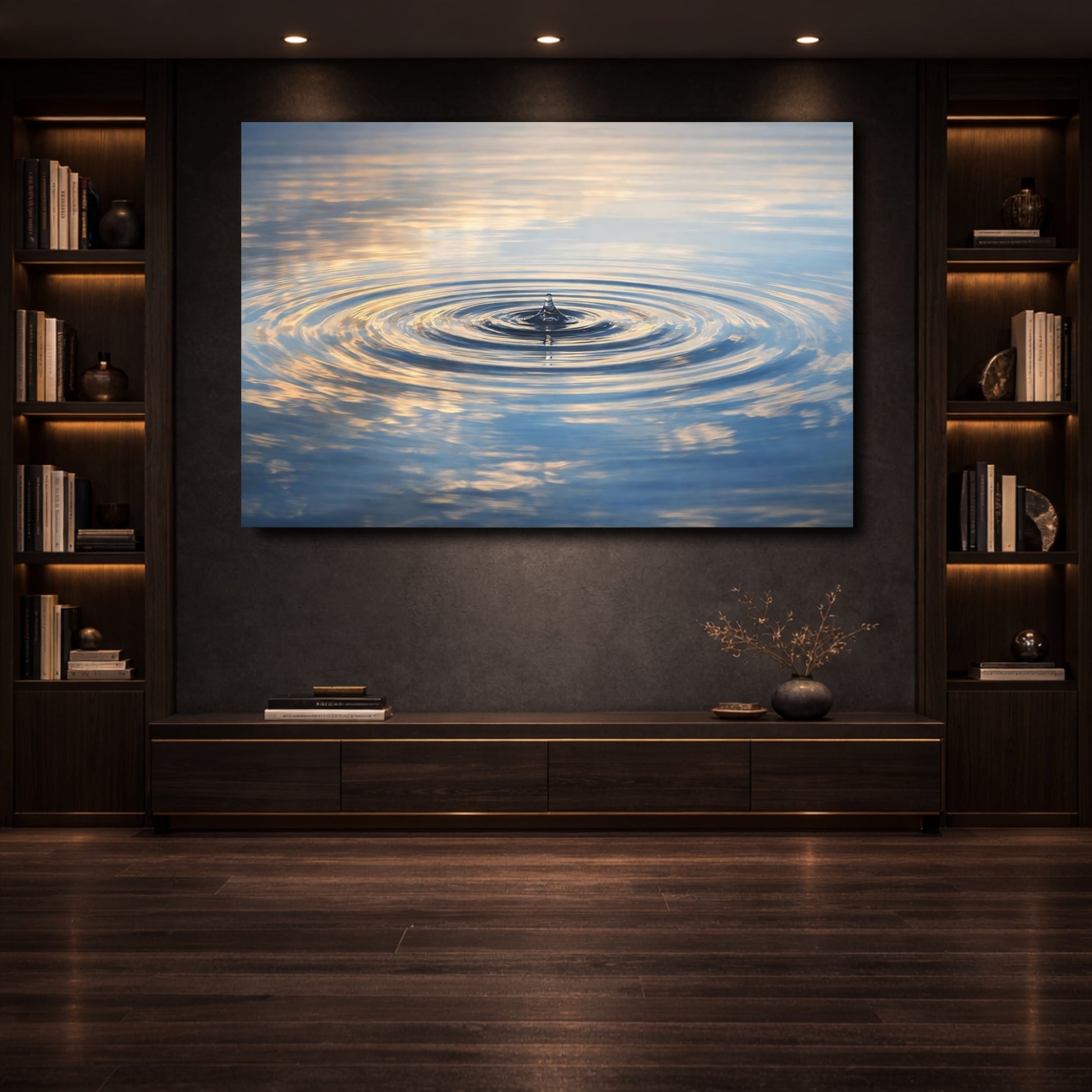 Mockup 3. Nature Water Drop Blue And Gold Water shown as stretched canvas wall art