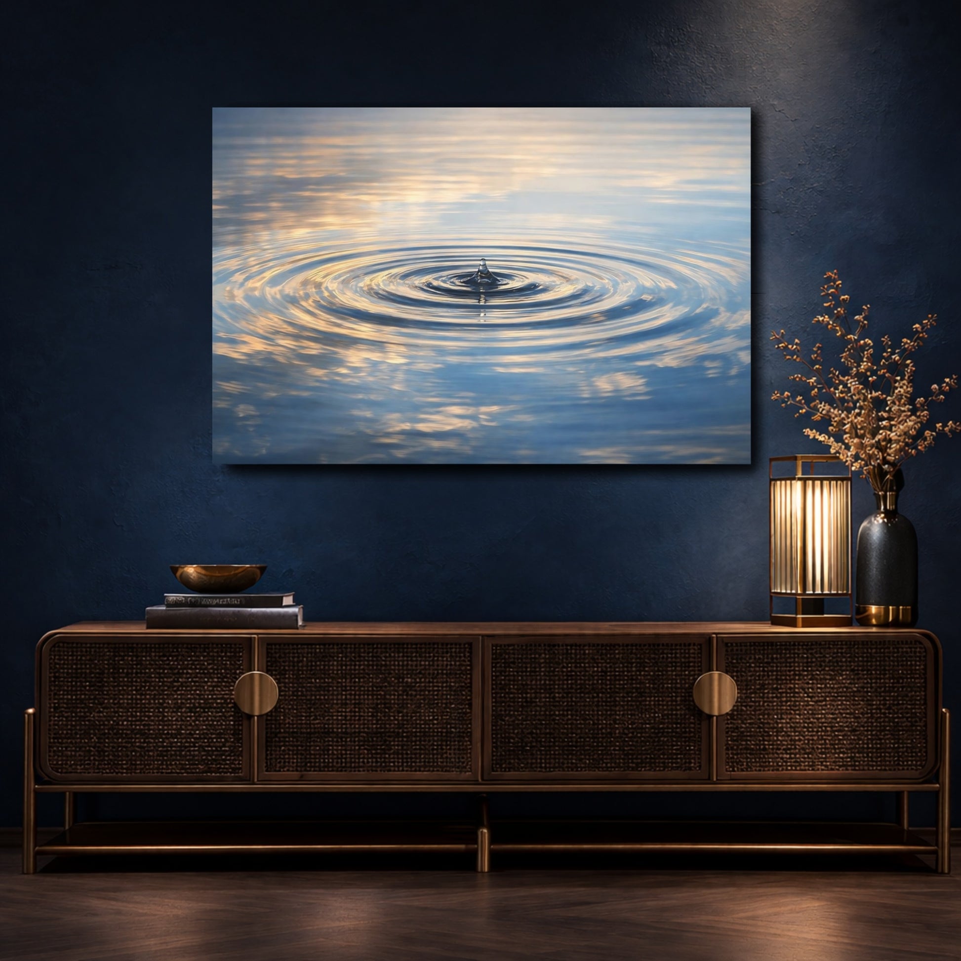 Mockup 4. Nature Water Drop Blue And Gold Water shown as stretched canvas wall art