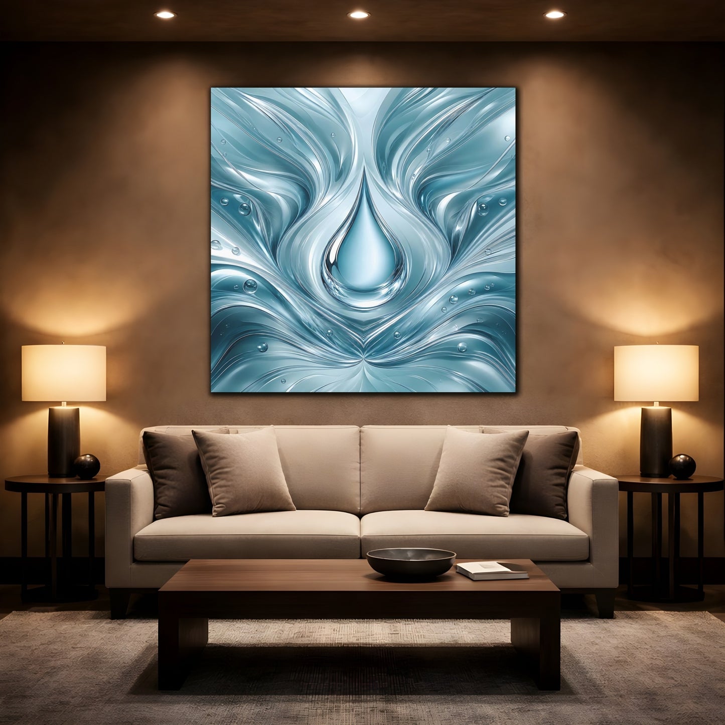 Mockup 2. Nature Water Drop Blue Water shown as stretched canvas wall art