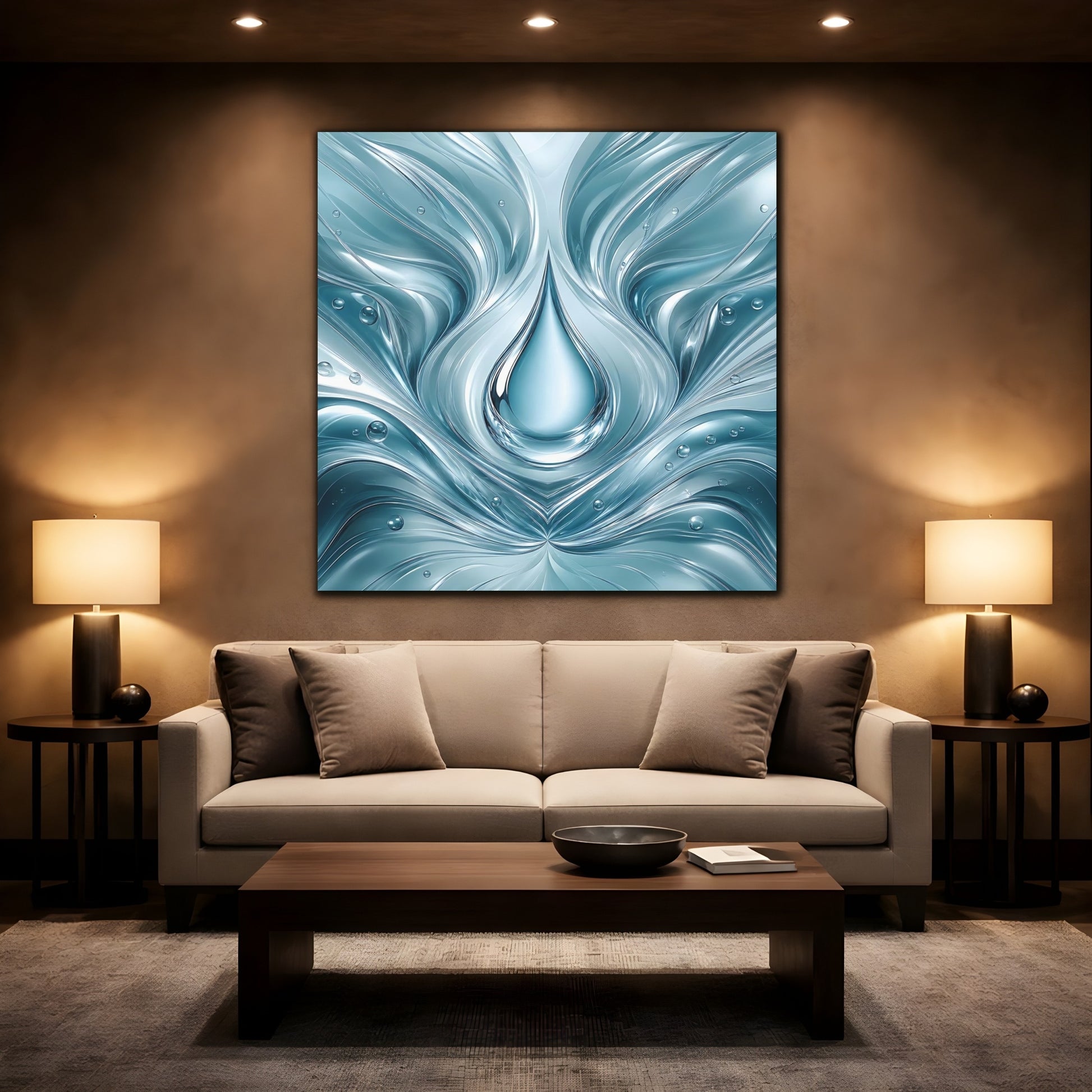 Mockup 2. Nature Water Drop Blue Water shown as stretched canvas wall art