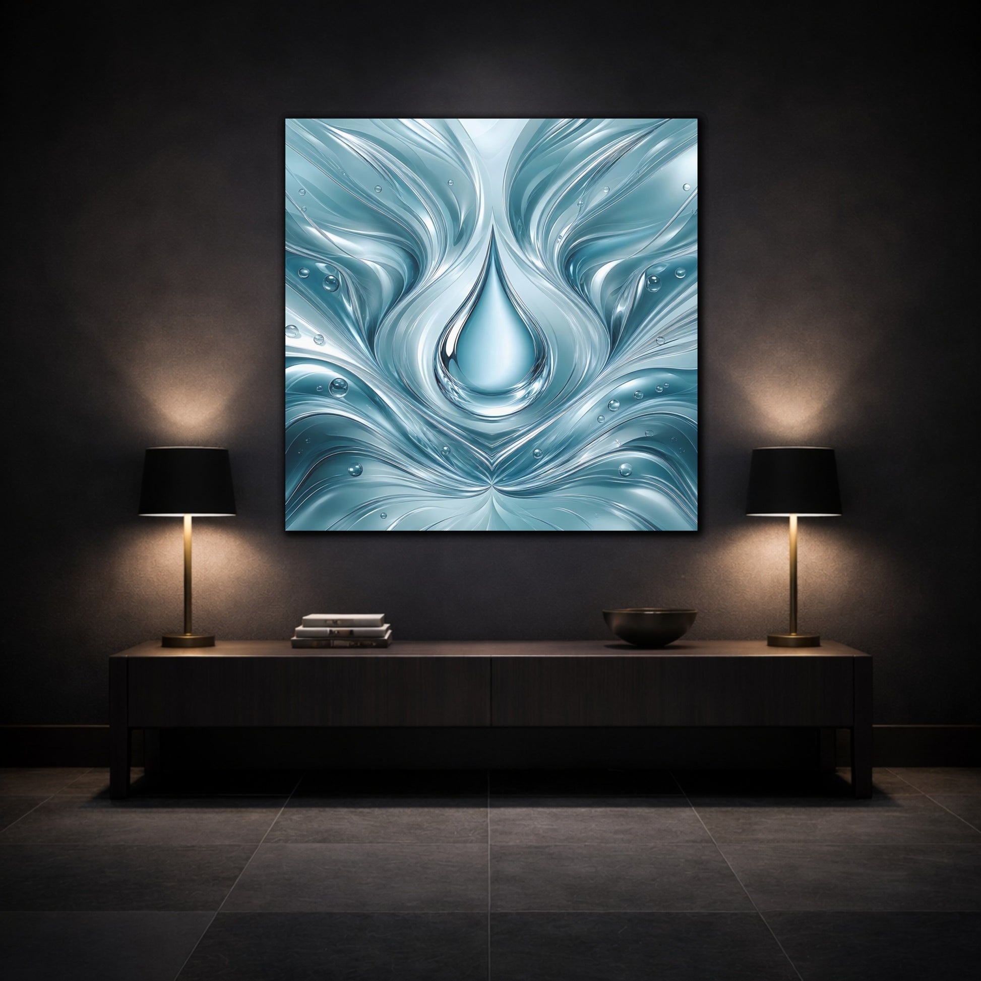 Mockup 3. Nature Water Drop Blue Water shown as stretched canvas wall art