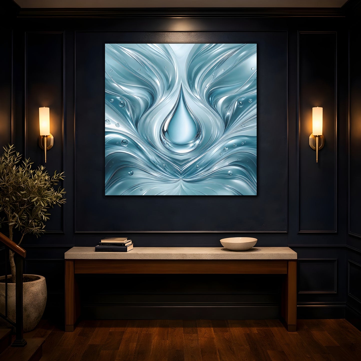Mockup 4. Nature Water Drop Blue Water shown as stretched canvas wall art