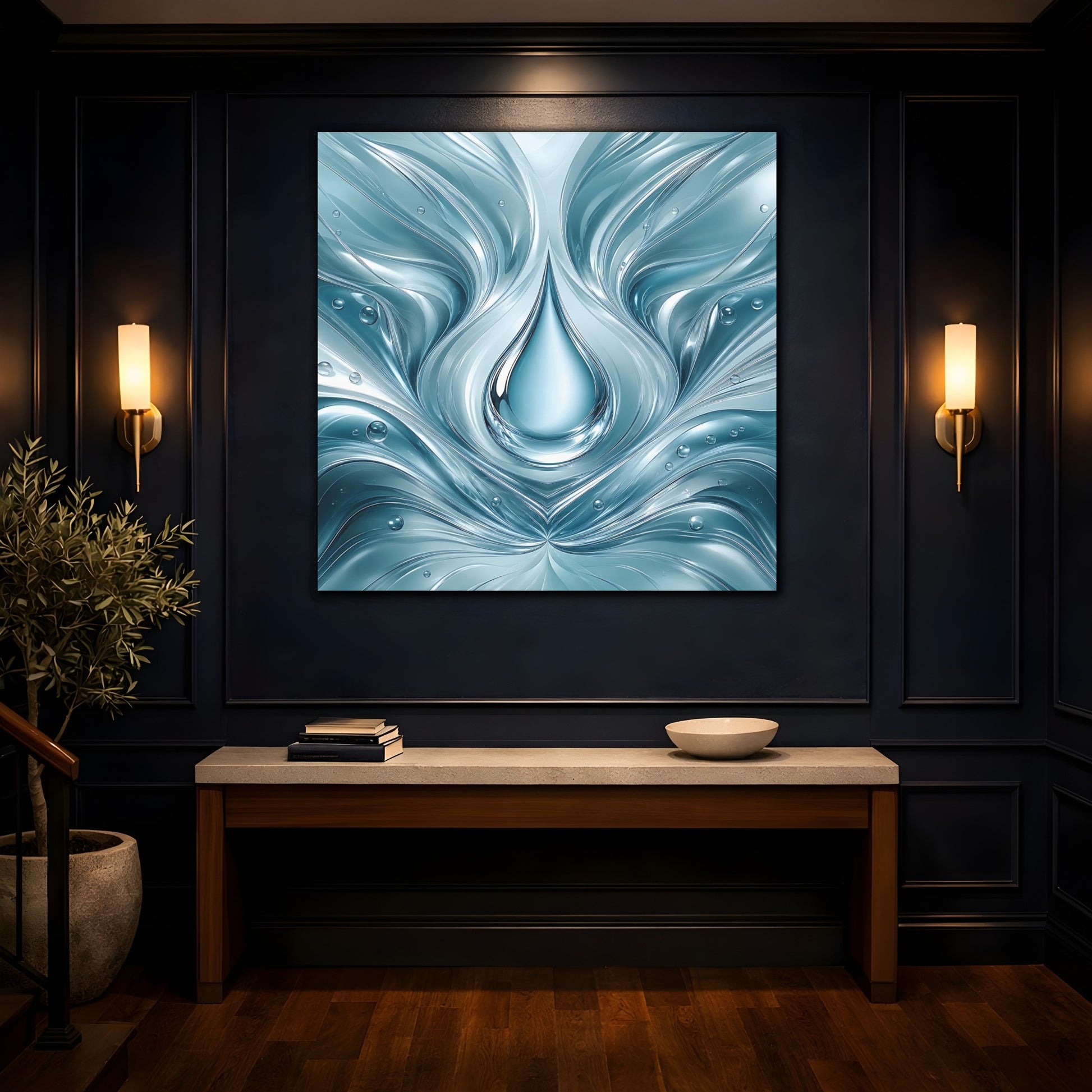 Mockup 4. Nature Water Drop Blue Water shown as stretched canvas wall art
