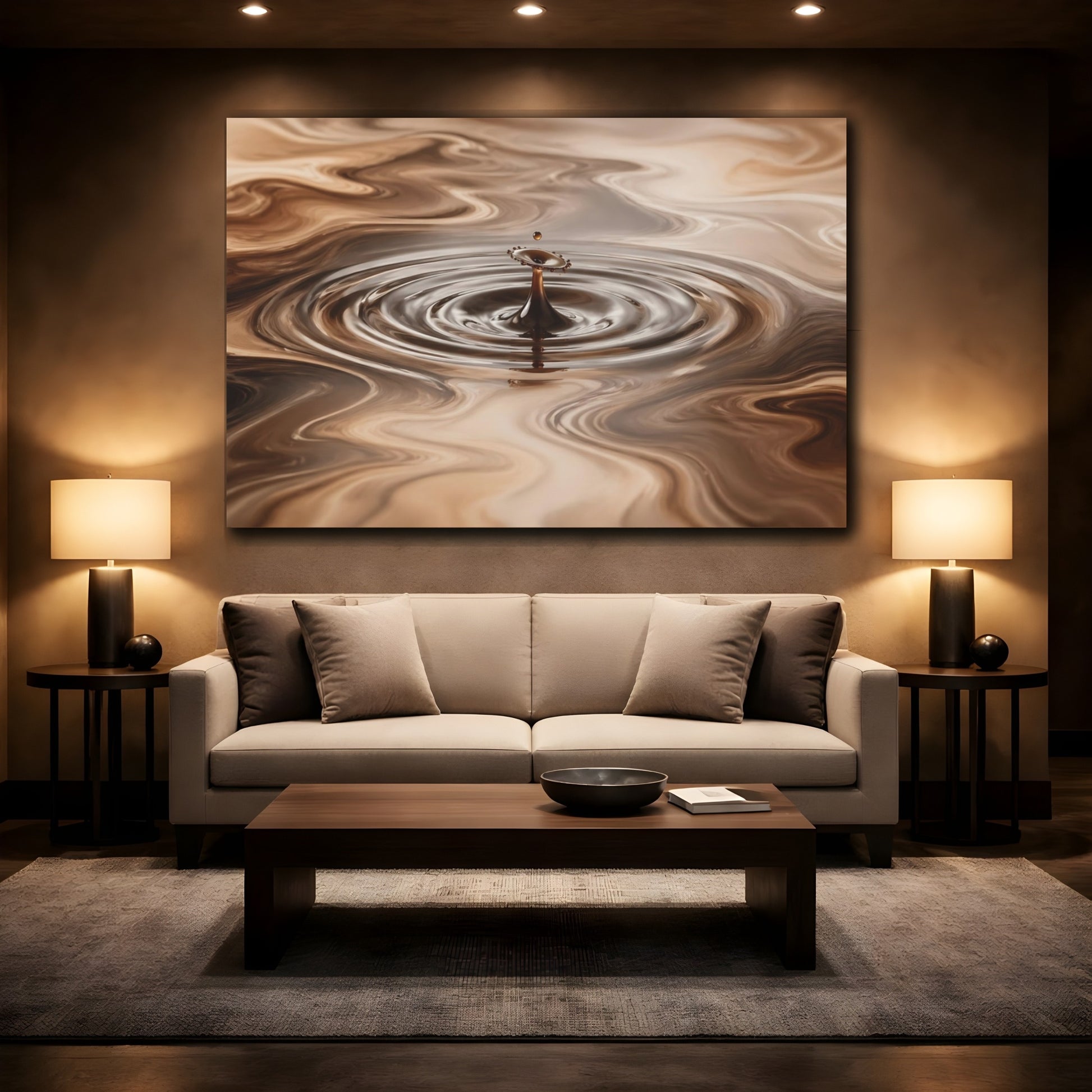 Mockup 2. Nature Water Drop Brown And Beige shown as stretched canvas wall art