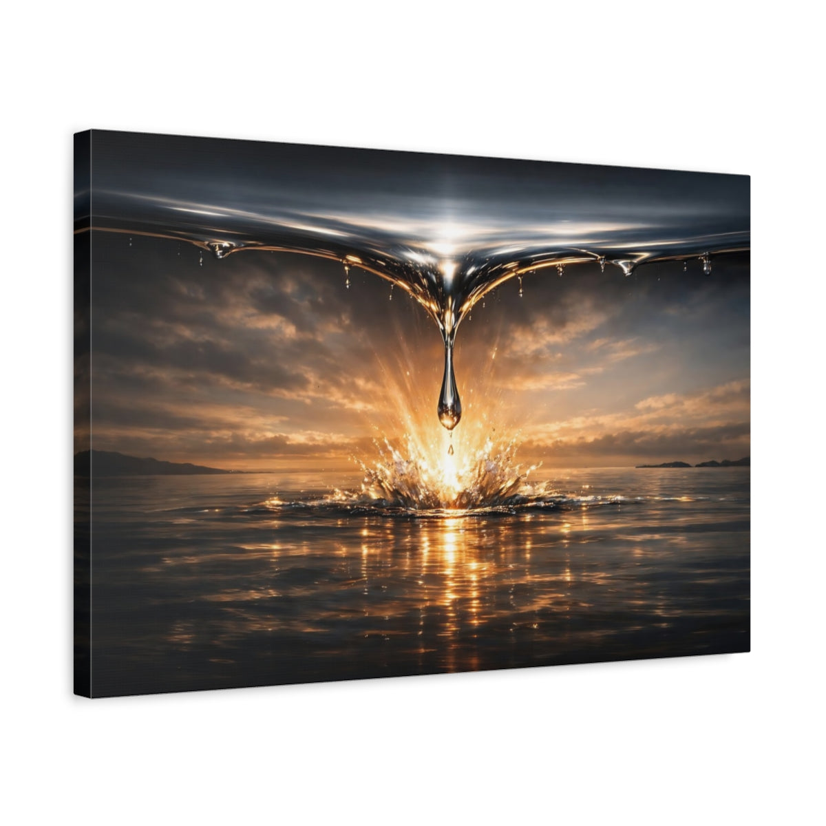 Side Mockup 3. Nature Water Drop Gold Water Splash shown as stretched canvas wall art