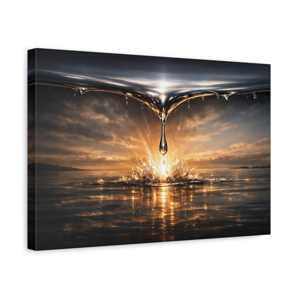 Side Mockup 4. Nature Water Drop Gold Water Splash shown as stretched canvas wall art