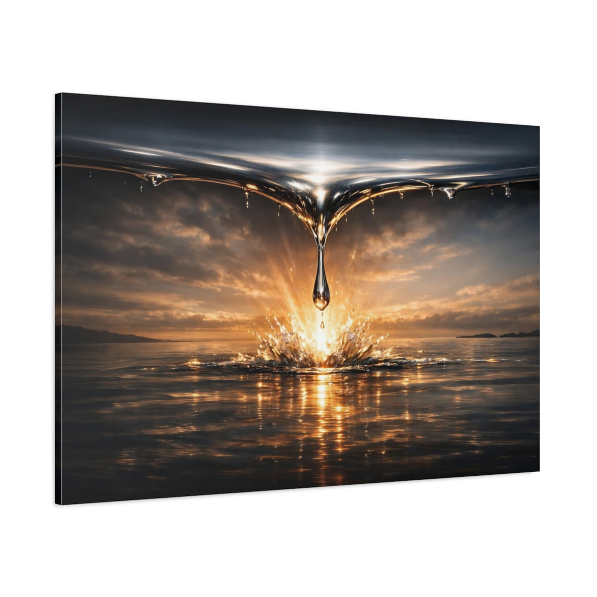 Main Mockup. Nature Water Drop Gold Water Splash shown as stretched canvas wall art