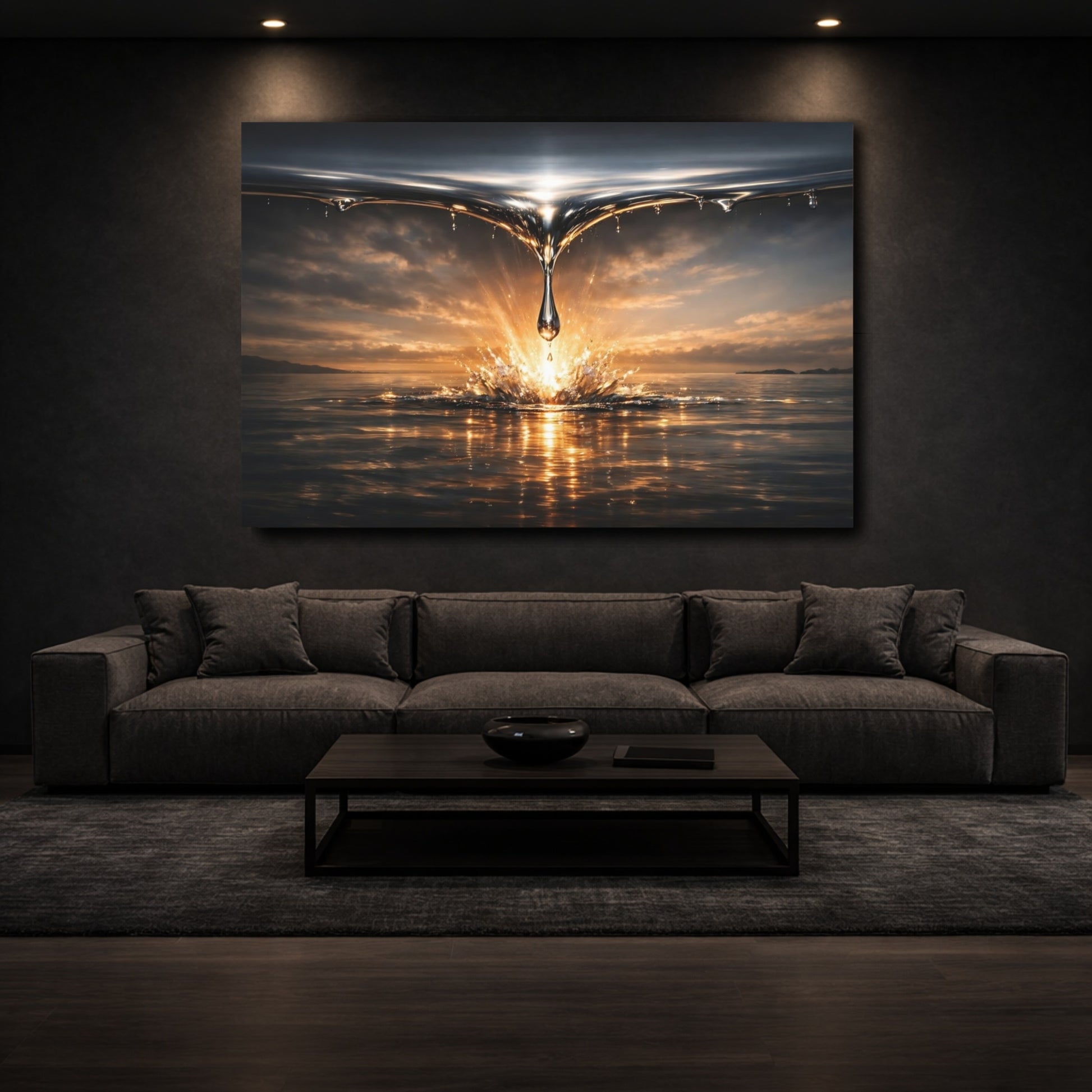 Mockup 2. Nature Water Drop Gold Water Splash shown as stretched canvas wall art