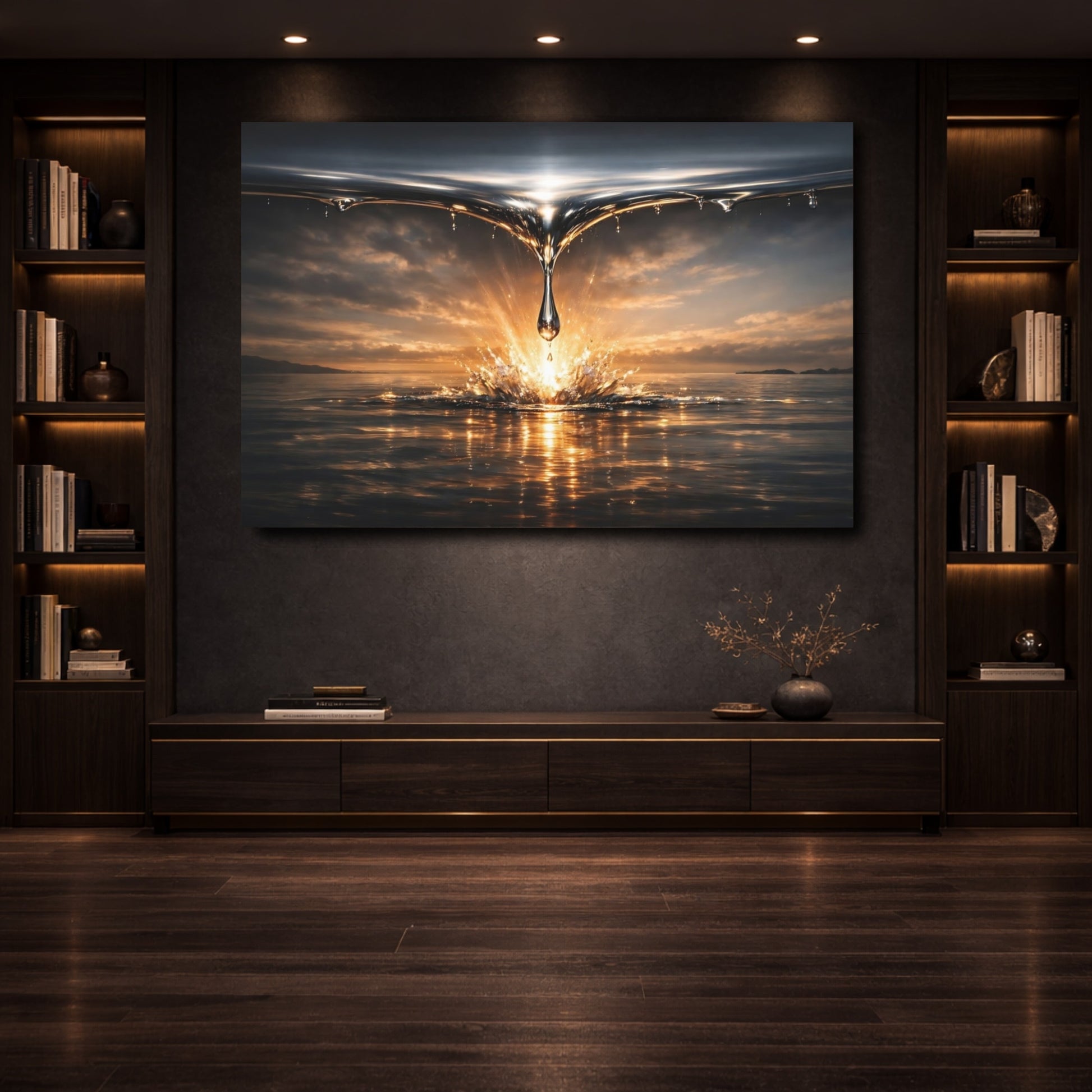 Mockup 3. Nature Water Drop Gold Water Splash shown as stretched canvas wall art