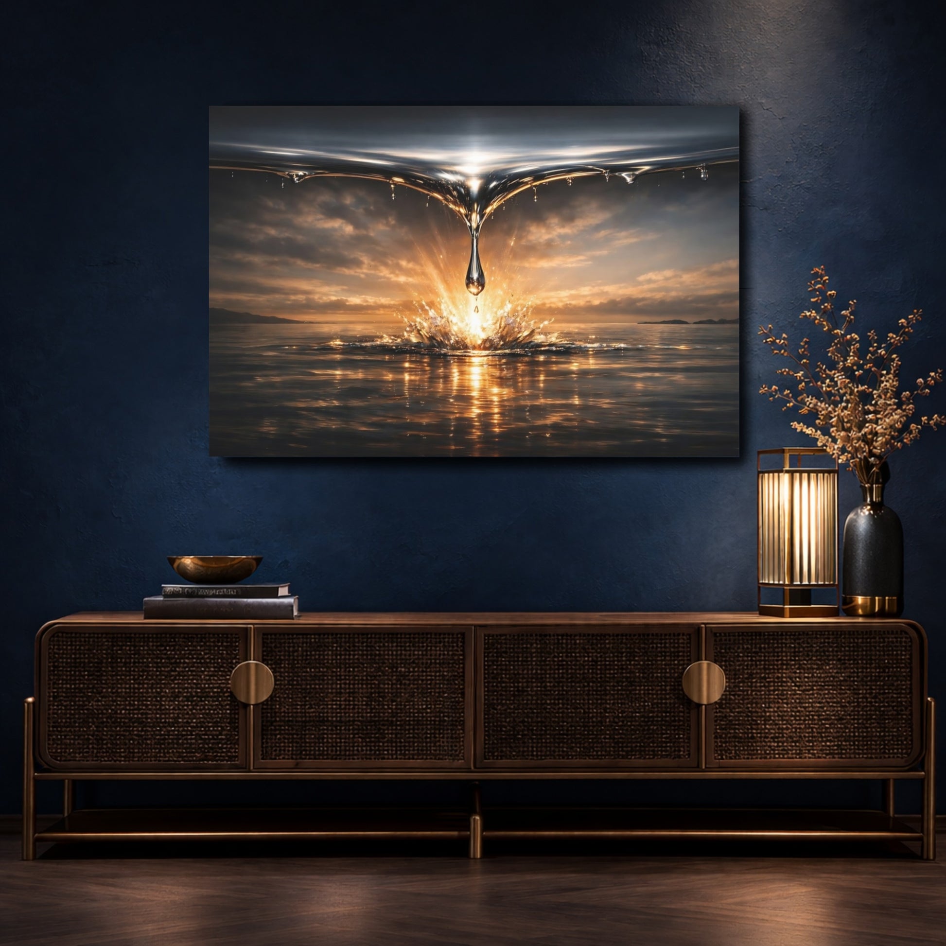 Mockup 4. Nature Water Drop Gold Water Splash shown as stretched canvas wall art