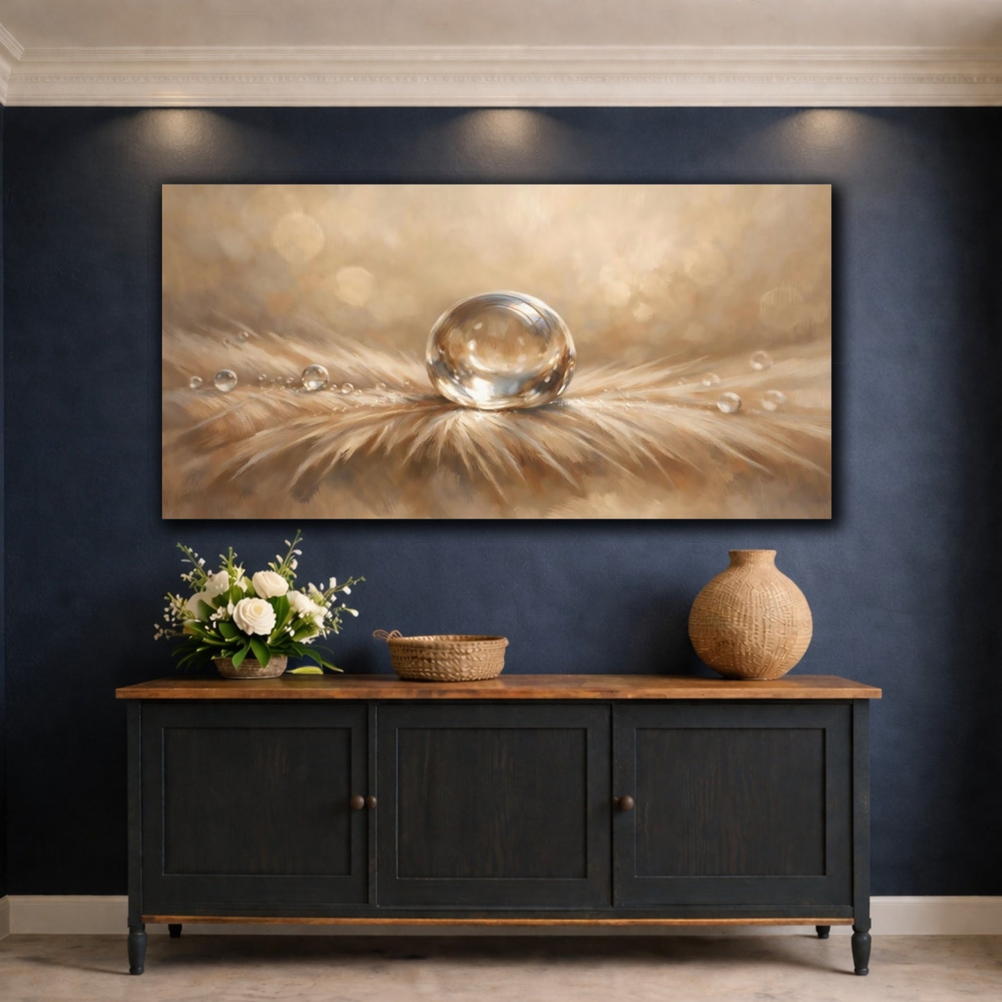 Mockup 4. Nature Water Drop Golden Dewdrop shown as stretched canvas wall art