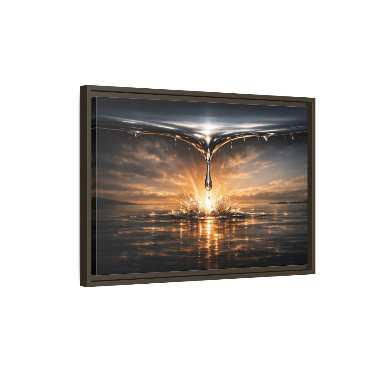 Side Mockup 2. Nature Water Drop Golden Water Splash shown as stretched canvas wall art