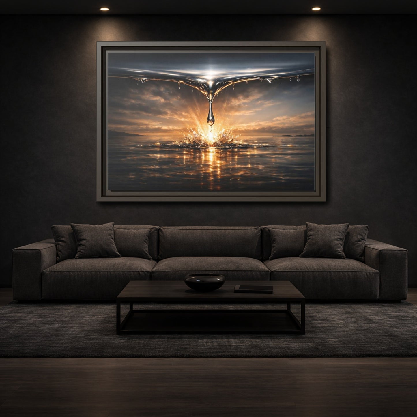 Mockup 2. Nature Water Drop Golden Water Splash shown as stretched canvas wall art