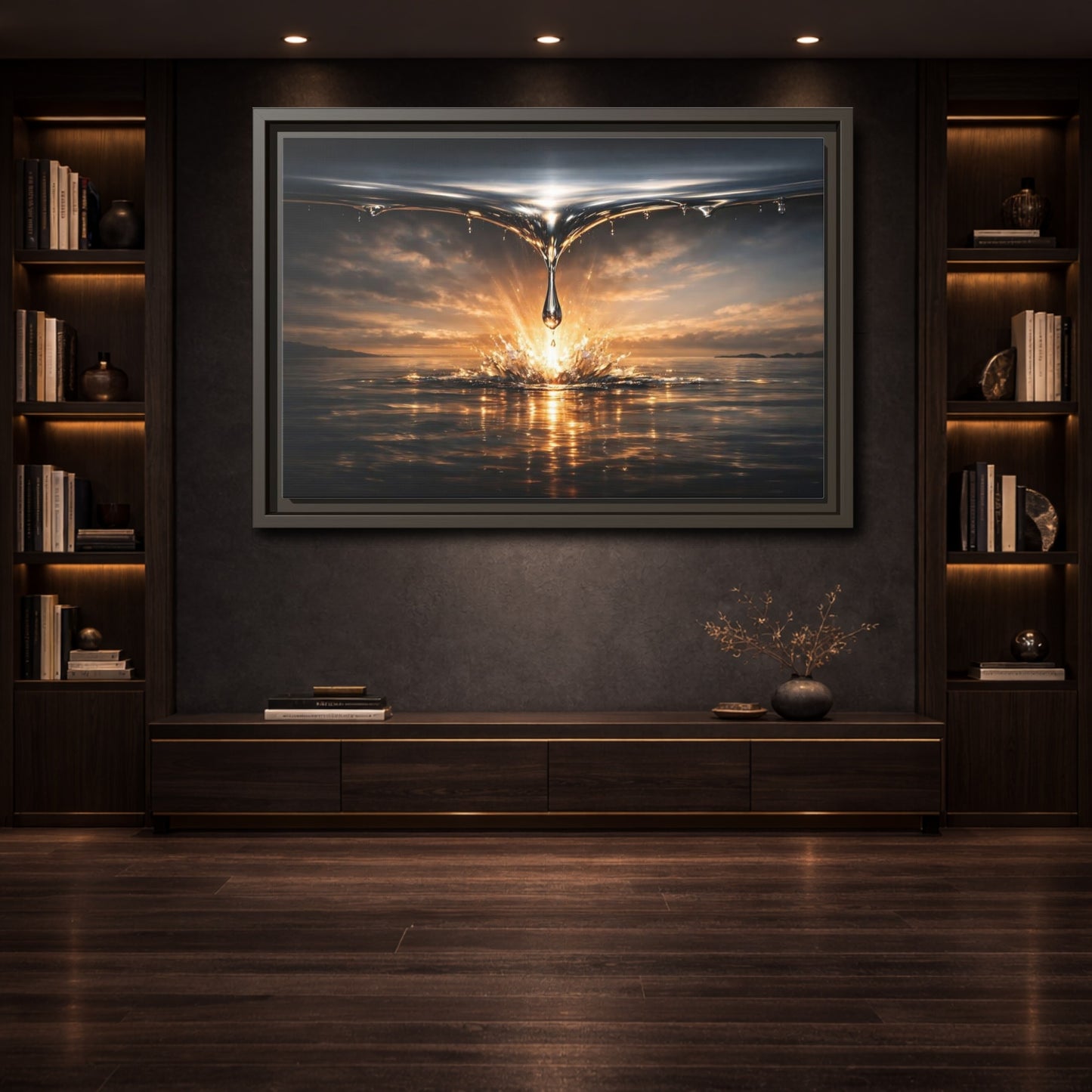 Mockup 3. Nature Water Drop Golden Water Splash shown as stretched canvas wall art