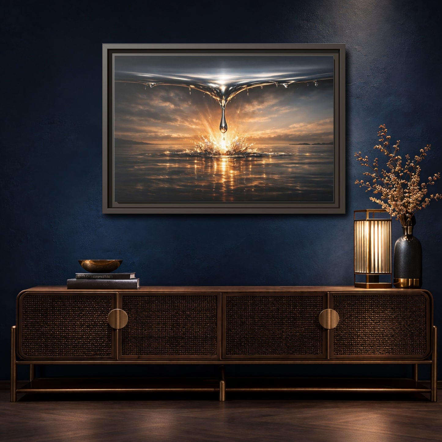 Mockup 4. Nature Water Drop Golden Water Splash shown as stretched canvas wall art