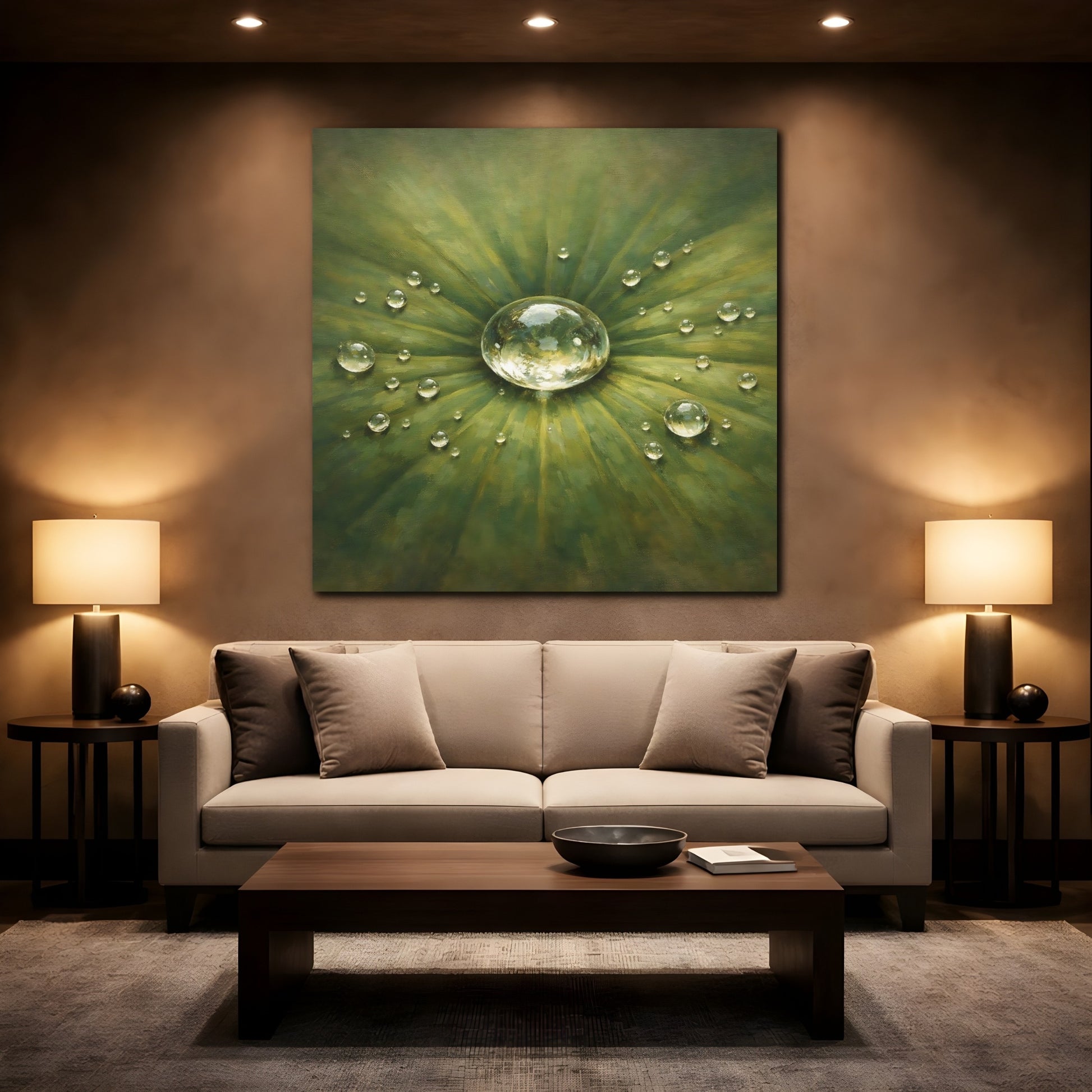 Mockup 2. Nature Water Drop Green Water Drops shown as stretched canvas wall art