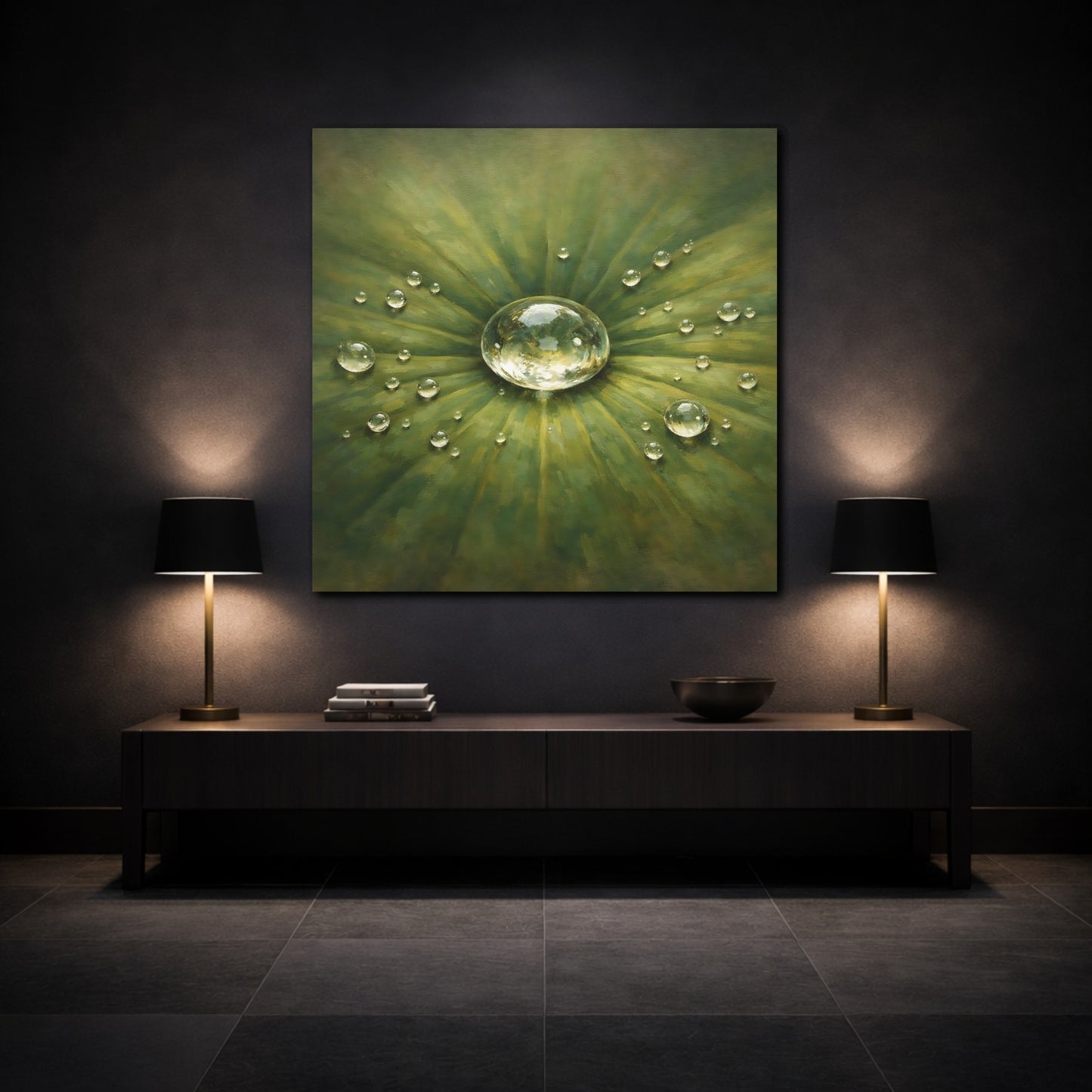 Mockup 3. Nature Water Drop Green Water Drops shown as stretched canvas wall art