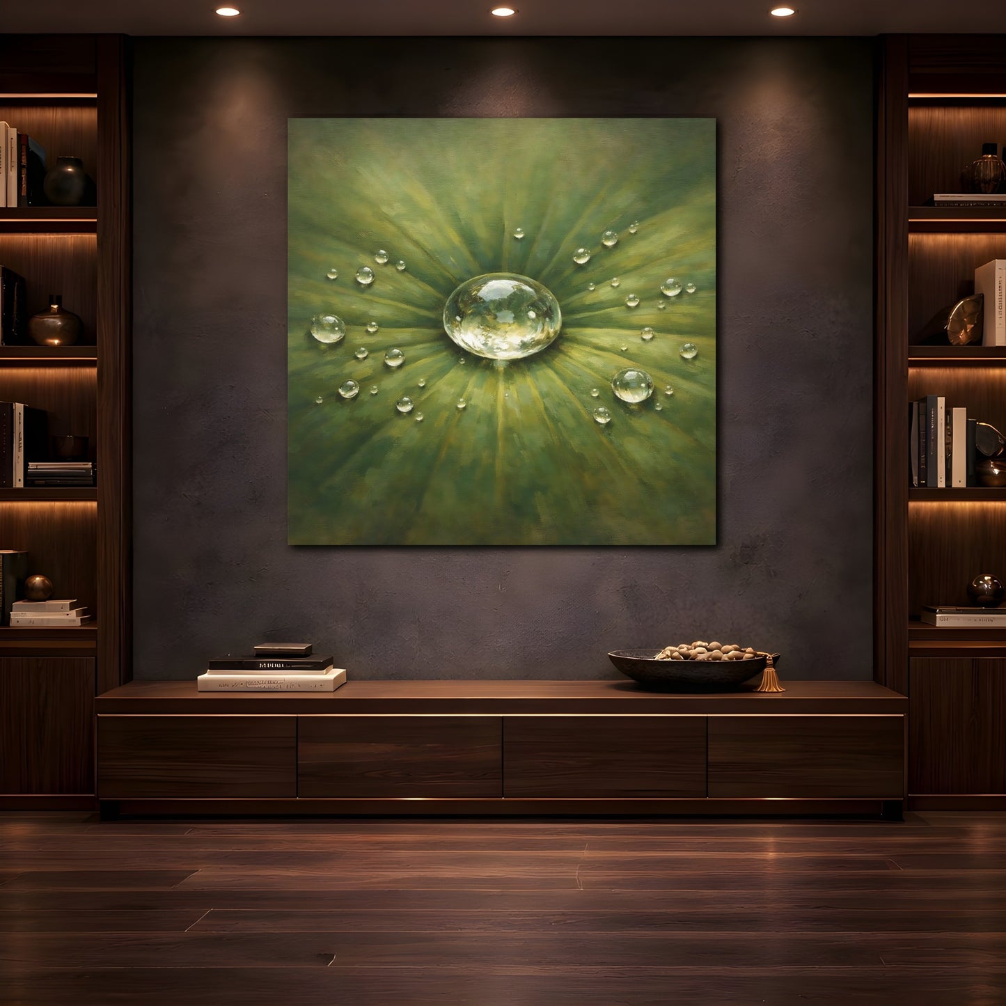 Mockup 4. Nature Water Drop Green Water Drops shown as stretched canvas wall art