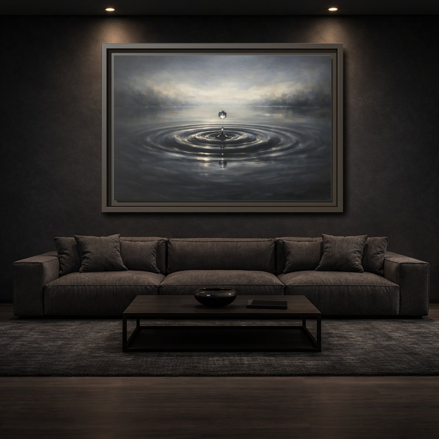 Mockup 2. Nature Water Drop Grey And Gold shown as stretched canvas wall art