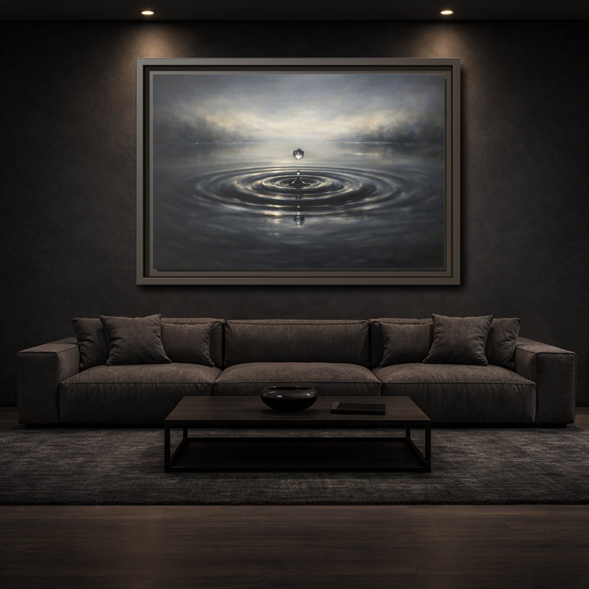 Mockup 2. Nature Water Drop Grey And Gold shown as stretched canvas wall art