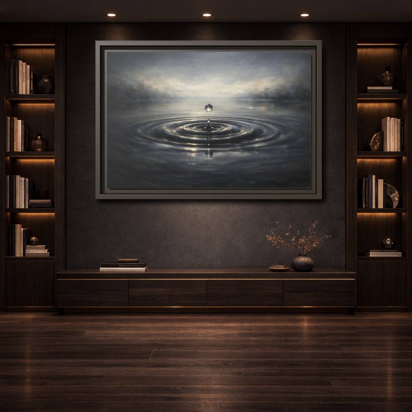 Mockup 3. Nature Water Drop Grey And Gold shown as stretched canvas wall art
