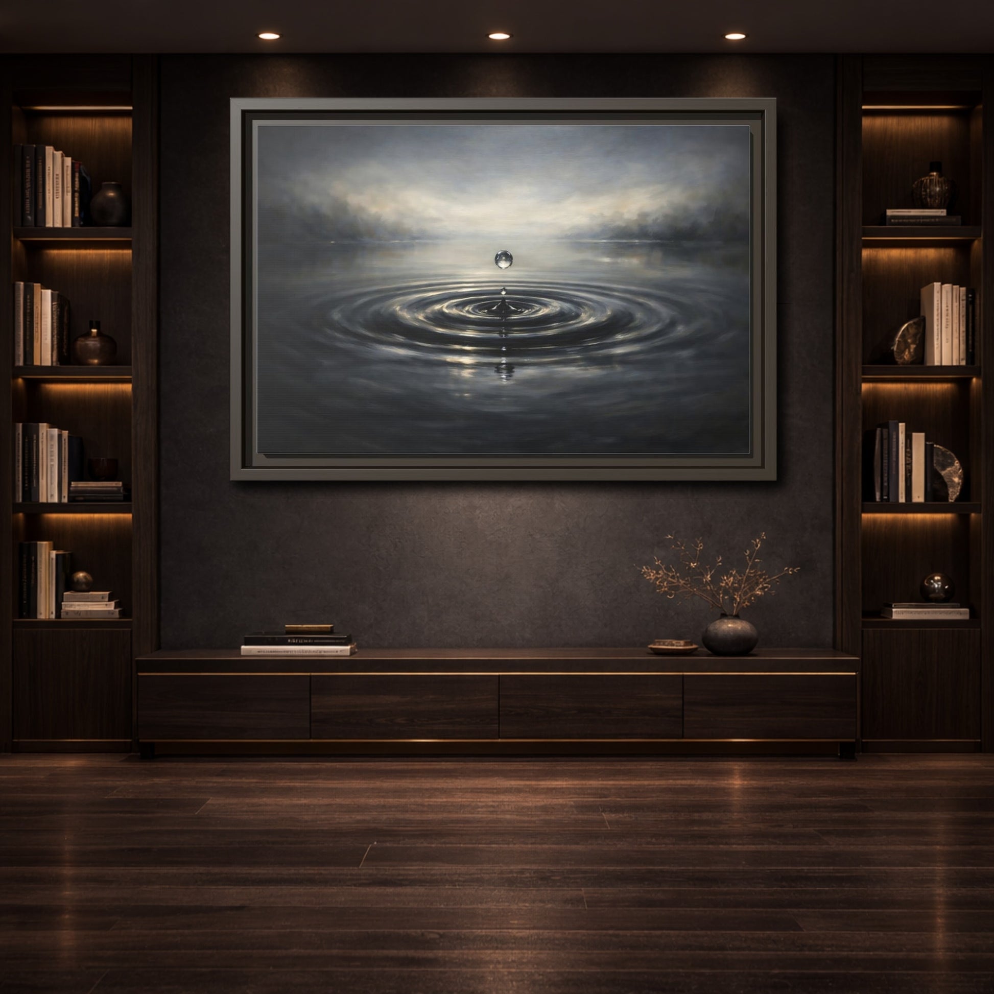 Mockup 3. Nature Water Drop Grey And Gold shown as stretched canvas wall art