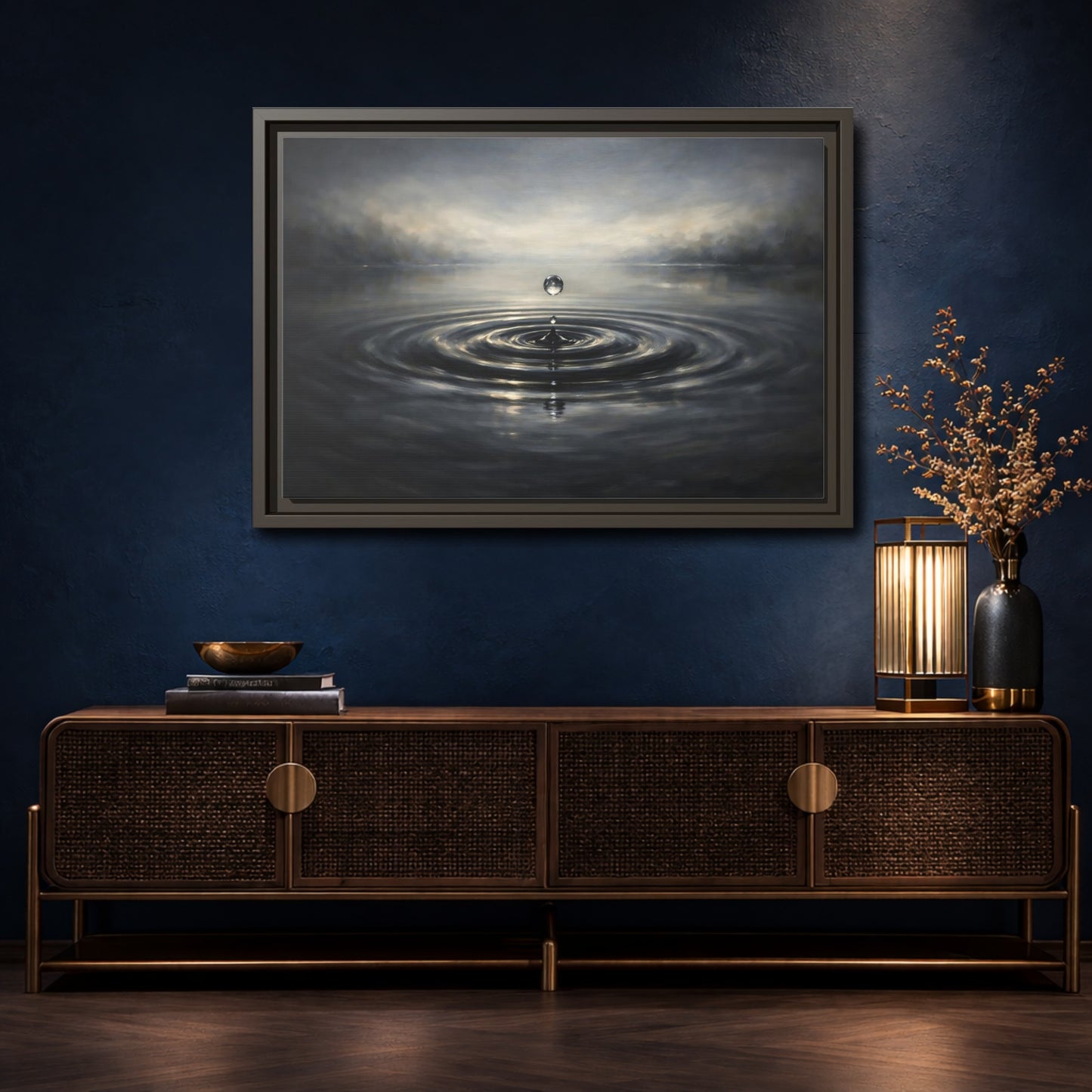 Mockup 4. Nature Water Drop Grey And Gold shown as stretched canvas wall art