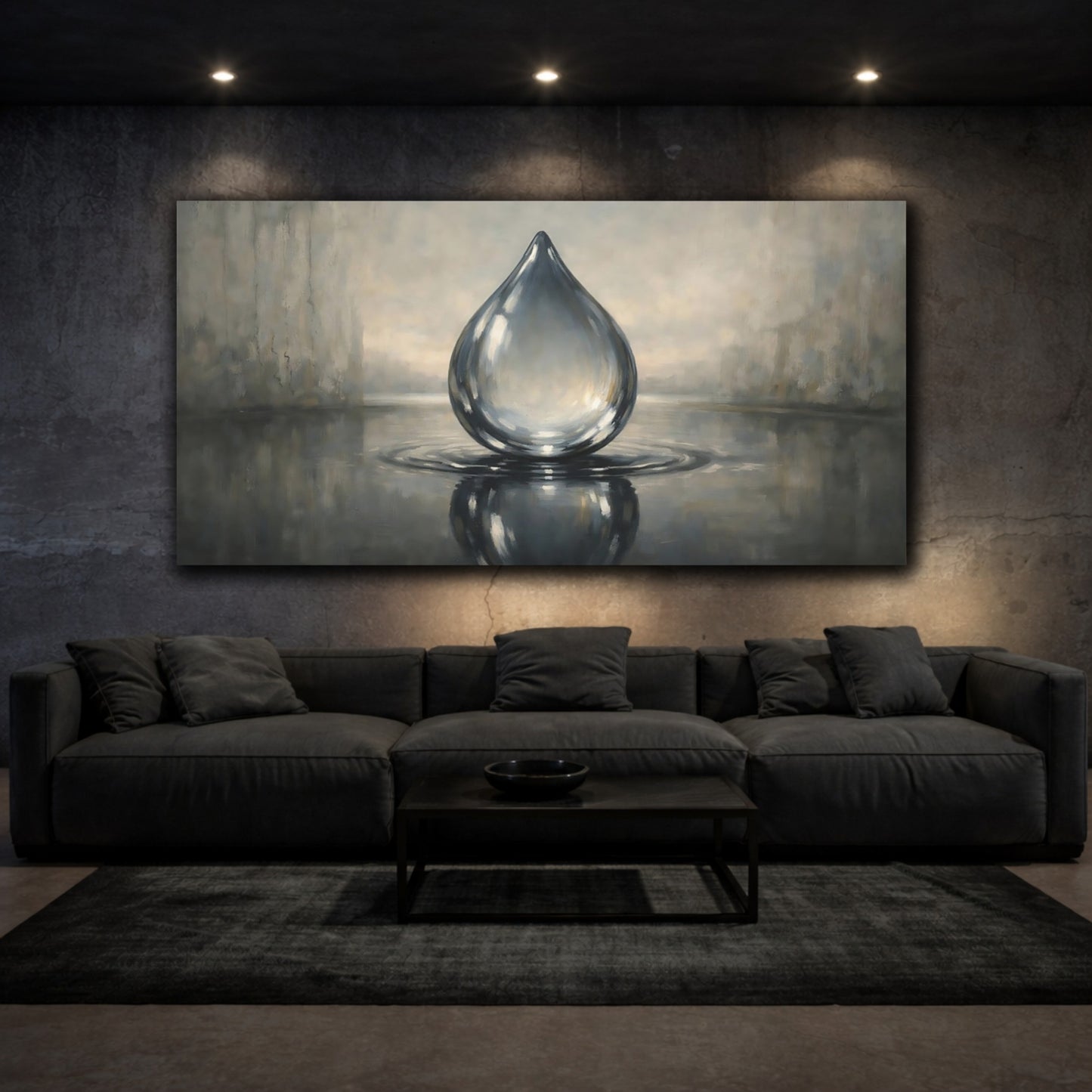 Mockup 2. Nature Water Drop Grey Water Drop shown as stretched canvas wall art