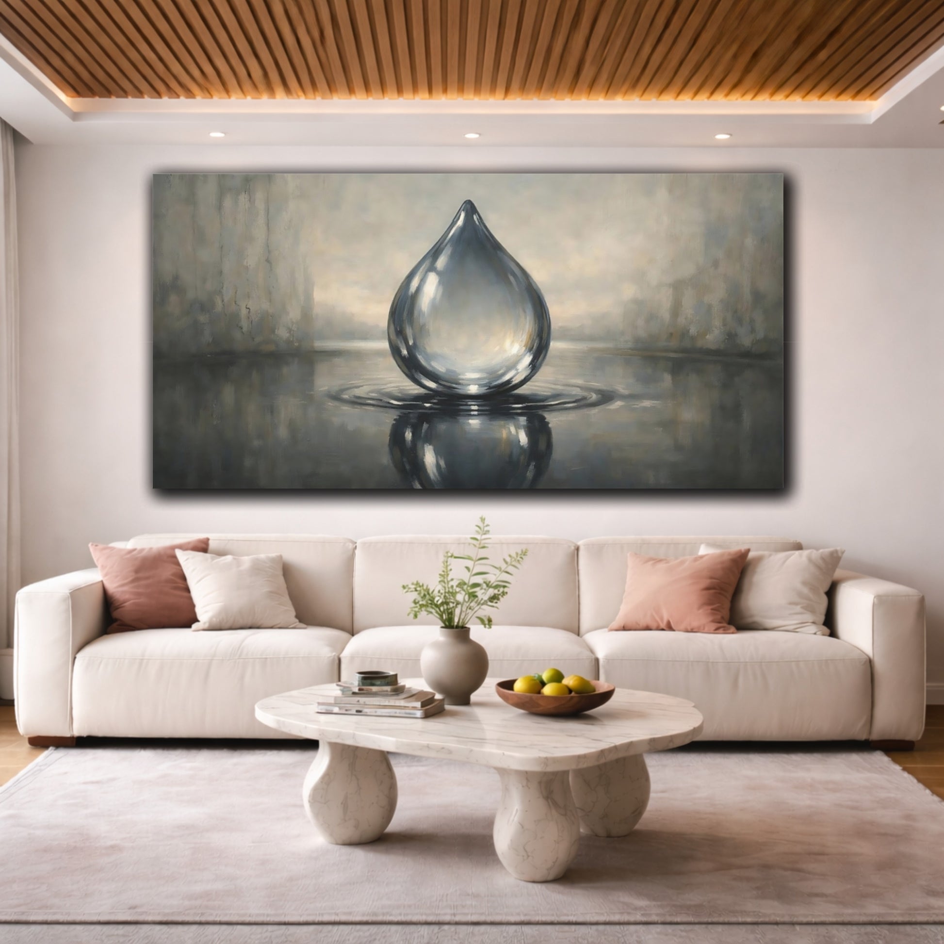 Mockup 3. Nature Water Drop Grey Water Drop shown as stretched canvas wall art