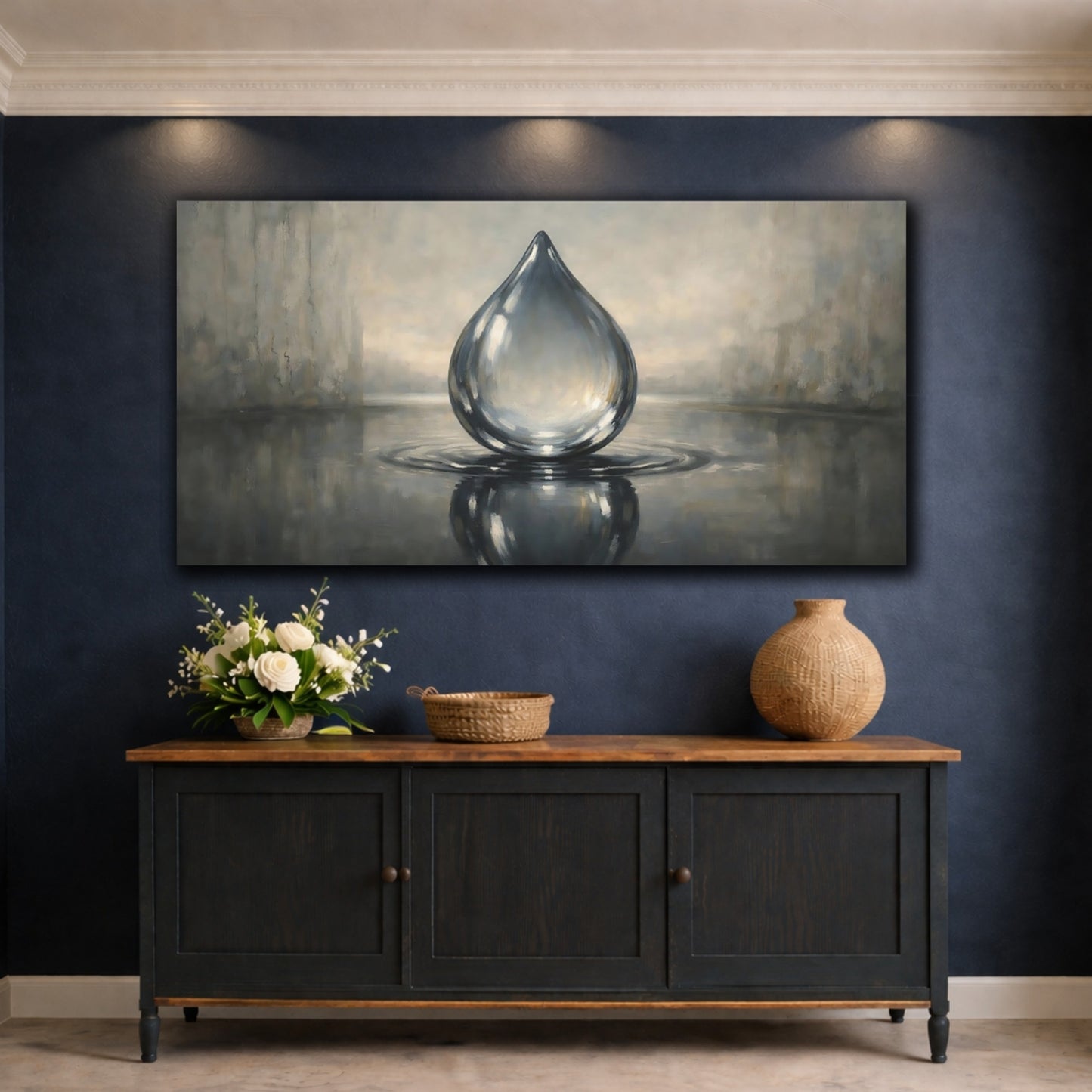 Mockup 4. Nature Water Drop Grey Water Drop shown as stretched canvas wall art