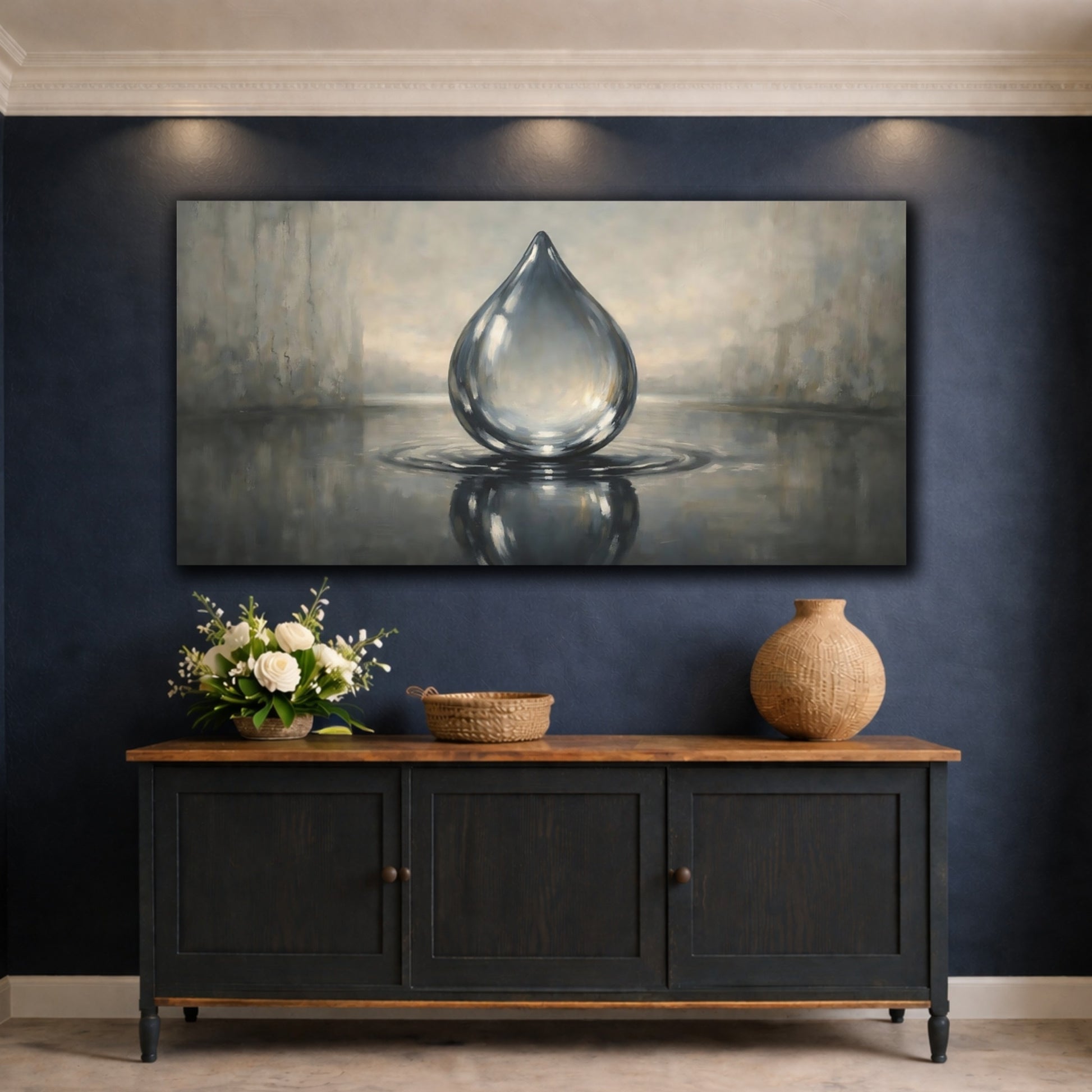 Mockup 4. Nature Water Drop Grey Water Drop shown as stretched canvas wall art